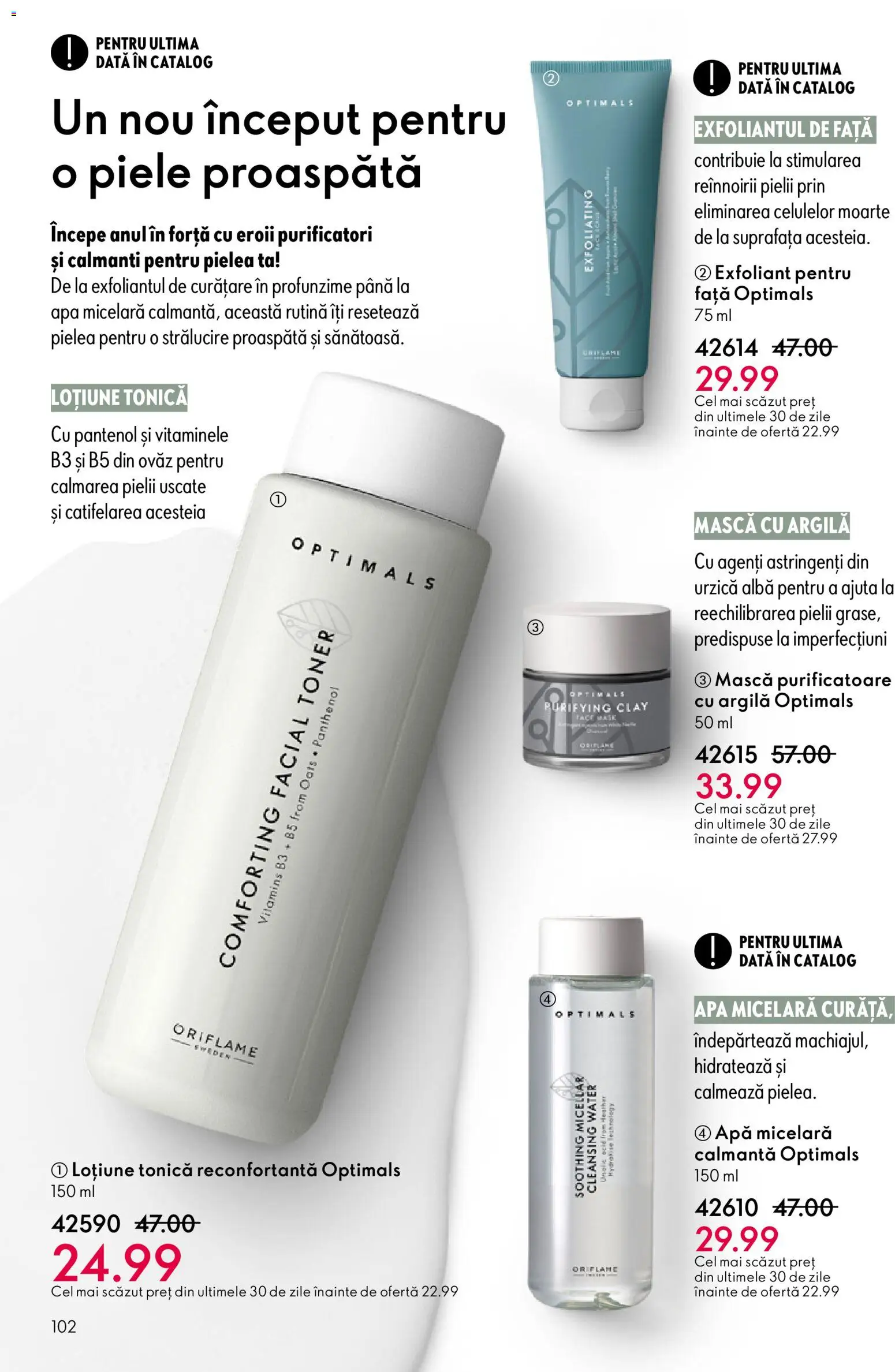 Noul catalog Oriflame – valabil de la 23.12.2025 | Pagină: 102 | Produse: Loțiune tonică, Exfoliant, Toner, Apă micelară