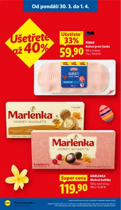 Náhled letáku MARLENKA Medové kuličky, 235 g, různé druhy od 30.03.2026 | Strana: 4 | Produkty: Šunka, Kuličky, Marlenka, Pikok