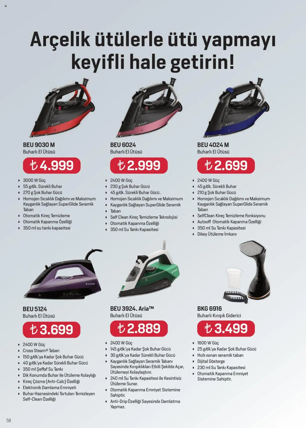 Arçelik Katalog - 01.10.2025 tarihinden itibaren geçerlidir | Sayfa: 58 | Ürünler: Su, Ütü