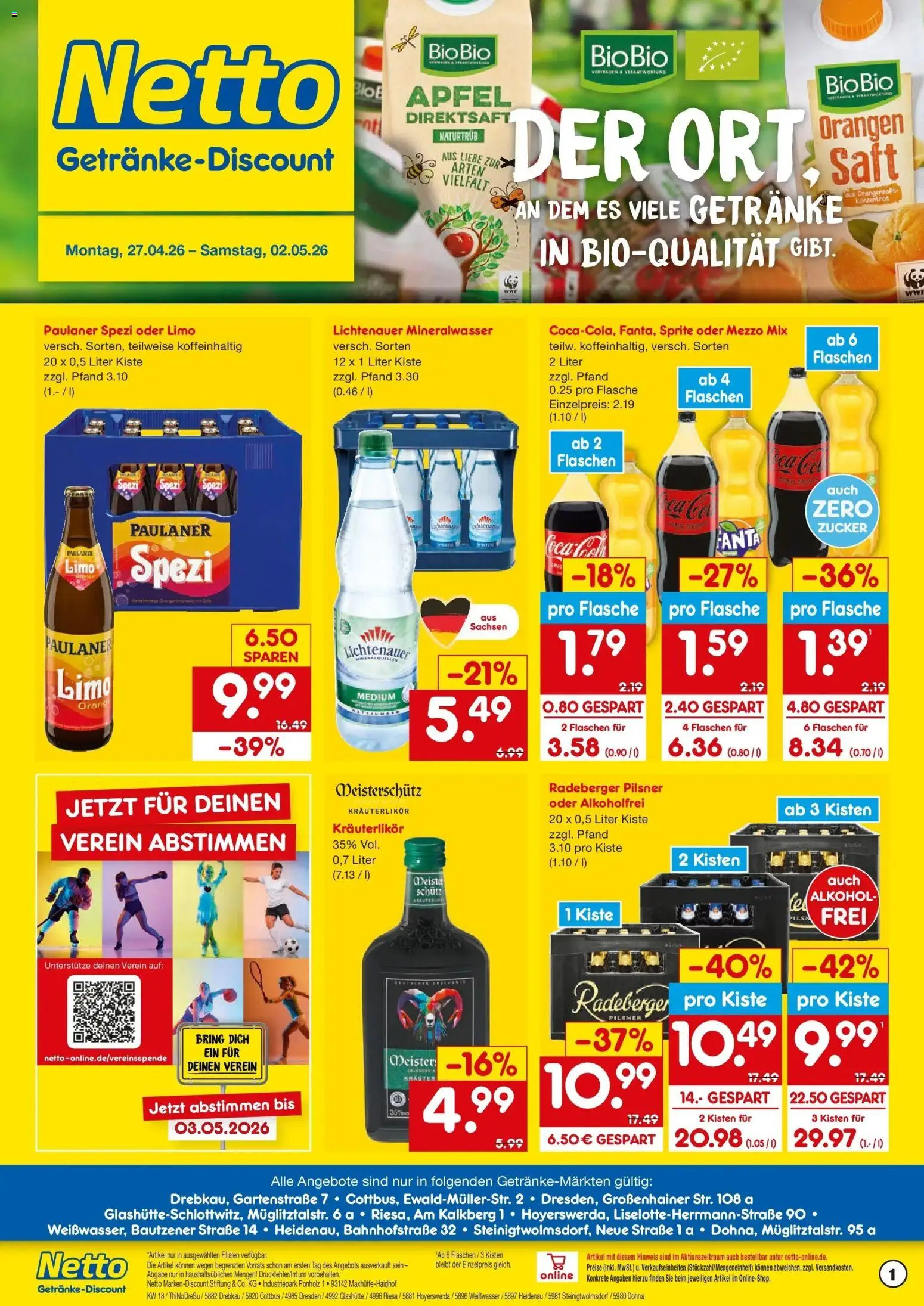 Netto Marken-Discount Prospekt Dohna	 – gültig ab 27.04.2026 | Seite: 1 | Produkte: Paulaner spezi, Orangen, Saft, Oder mezzo mix