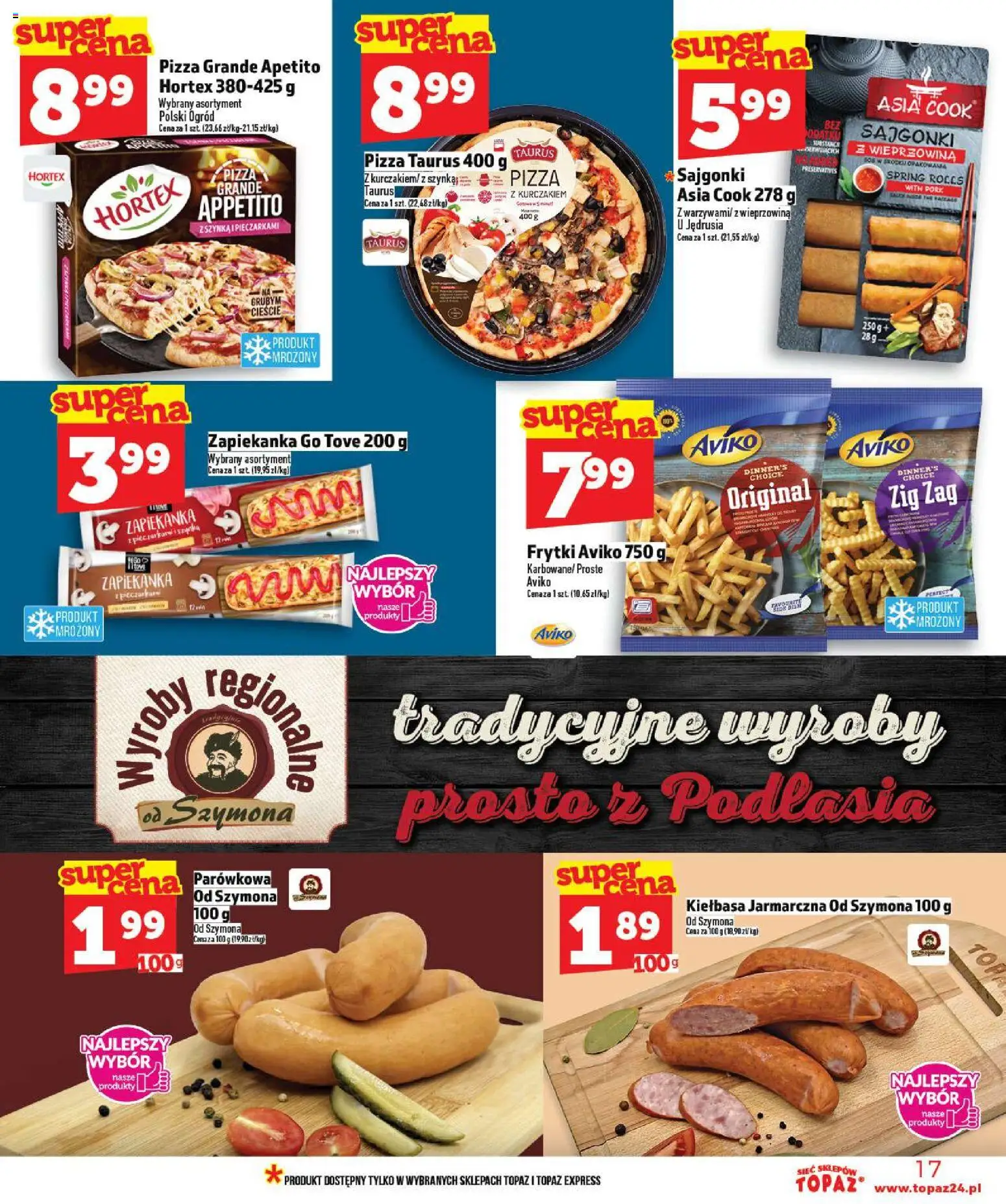 Topaz Gazetka - Ceny małe na stałe od 02.01.2026 | Strona: 17 | Produkty: Kiełbasa, Zapiekanka, Sajgonki, Sos