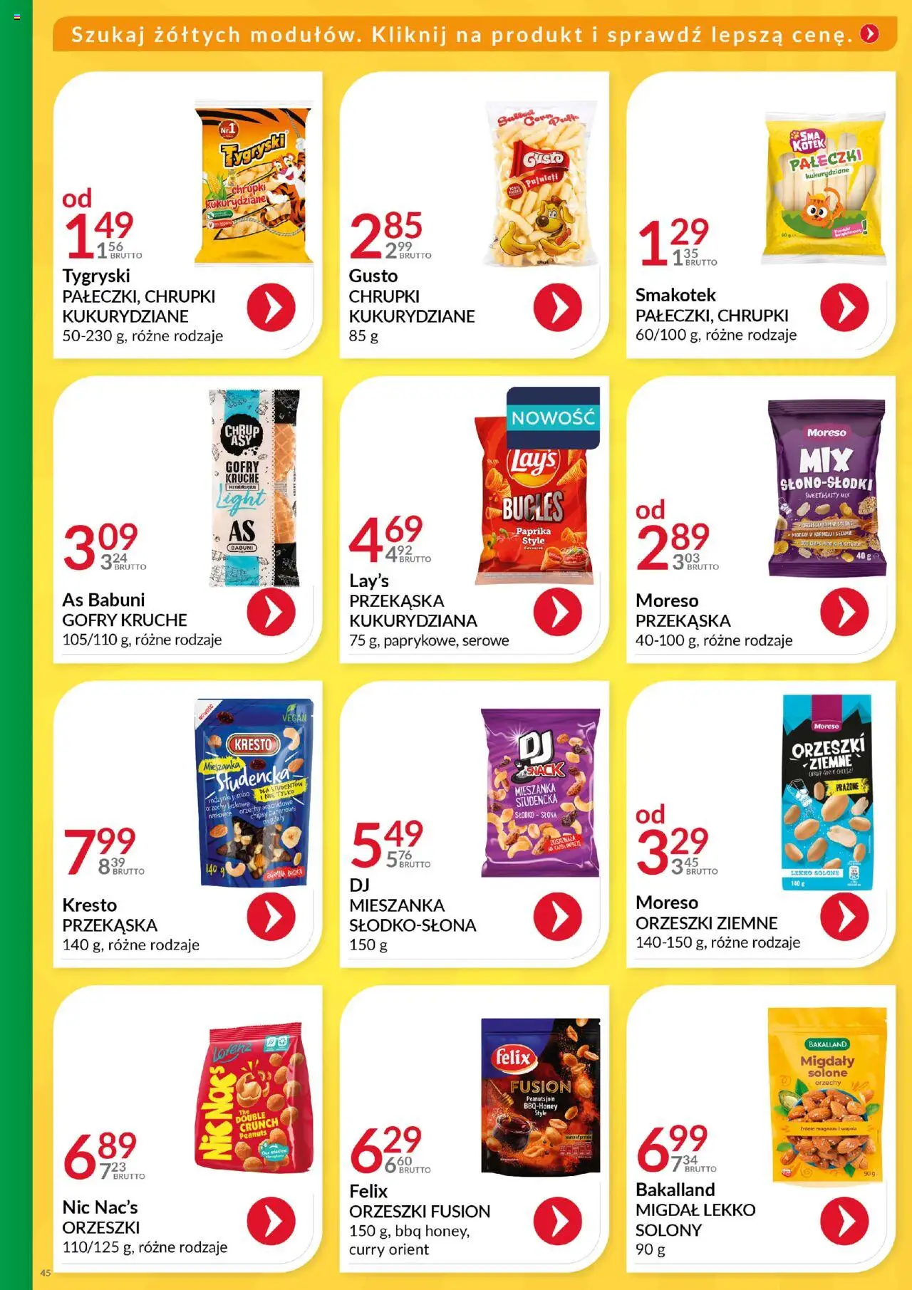 Eurocash Gazetka - Katalog Artykułów Spożywczych od 01.06.2025 | Strona: 45 | Produkty: Chipsy, Orzechy arachidowe, Orzechy, Rodzynki