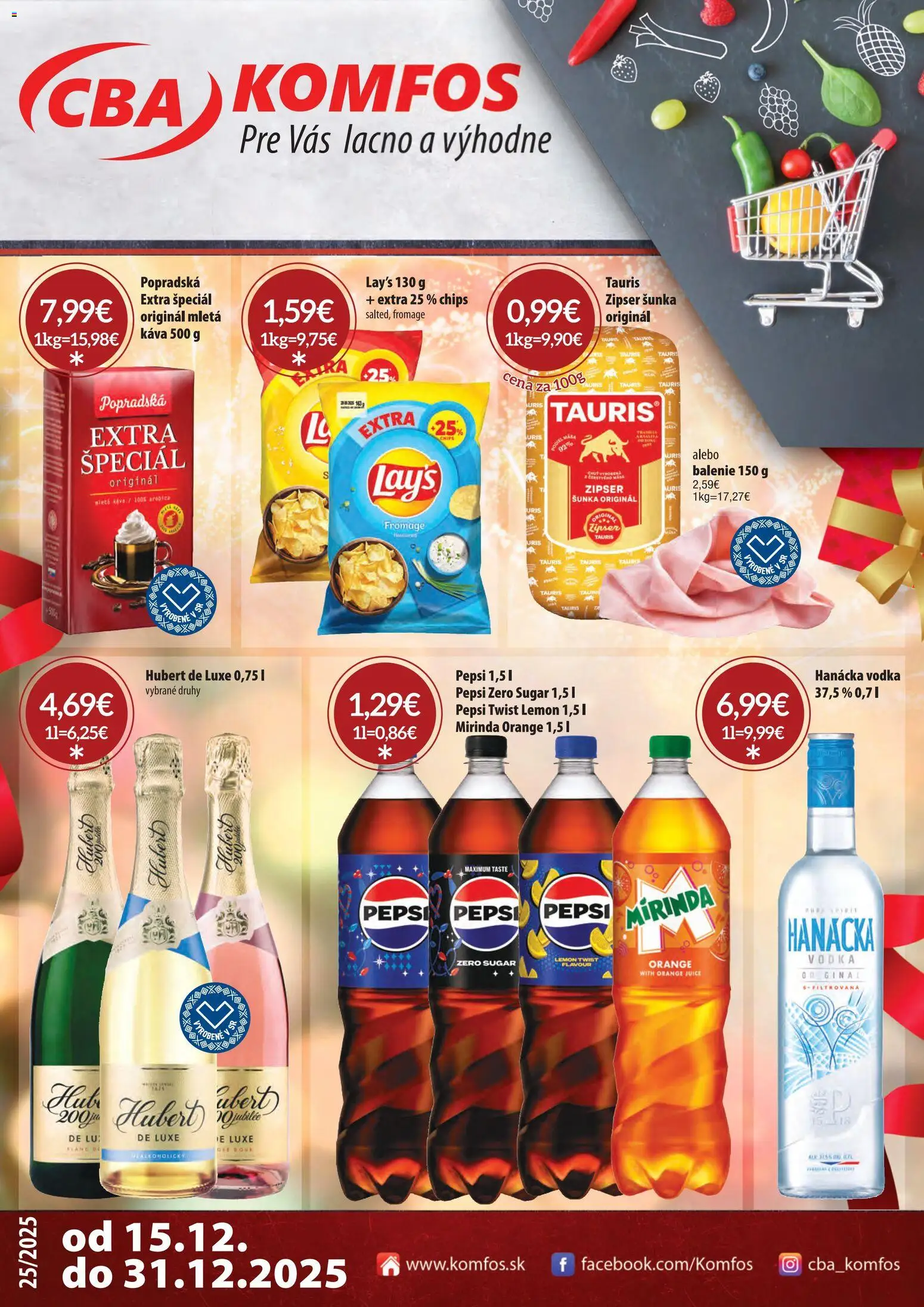 Nové CBA Komfos akcie – leták je platný od 15.12.2025 | Strana: 1 | Produkty: Káva, Vodka, Pepsi, Hubert de Luxe