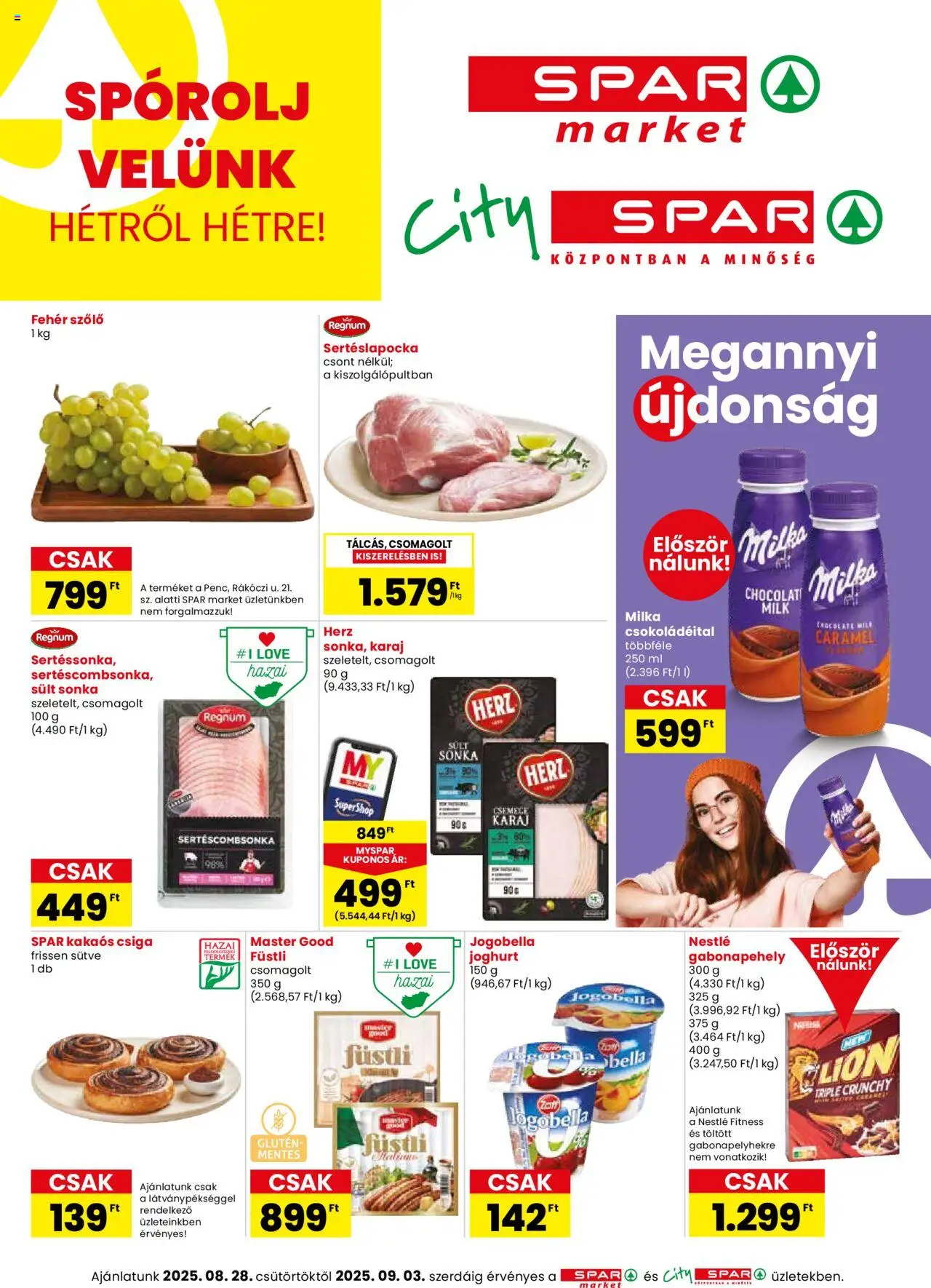 Spar akciós ujság - amely érvényes a következő dátumtól: 28.08.2025 | Oldal: 1 | Termékek: Szőlő, Sertéslapocka, Sonka, Karaj
