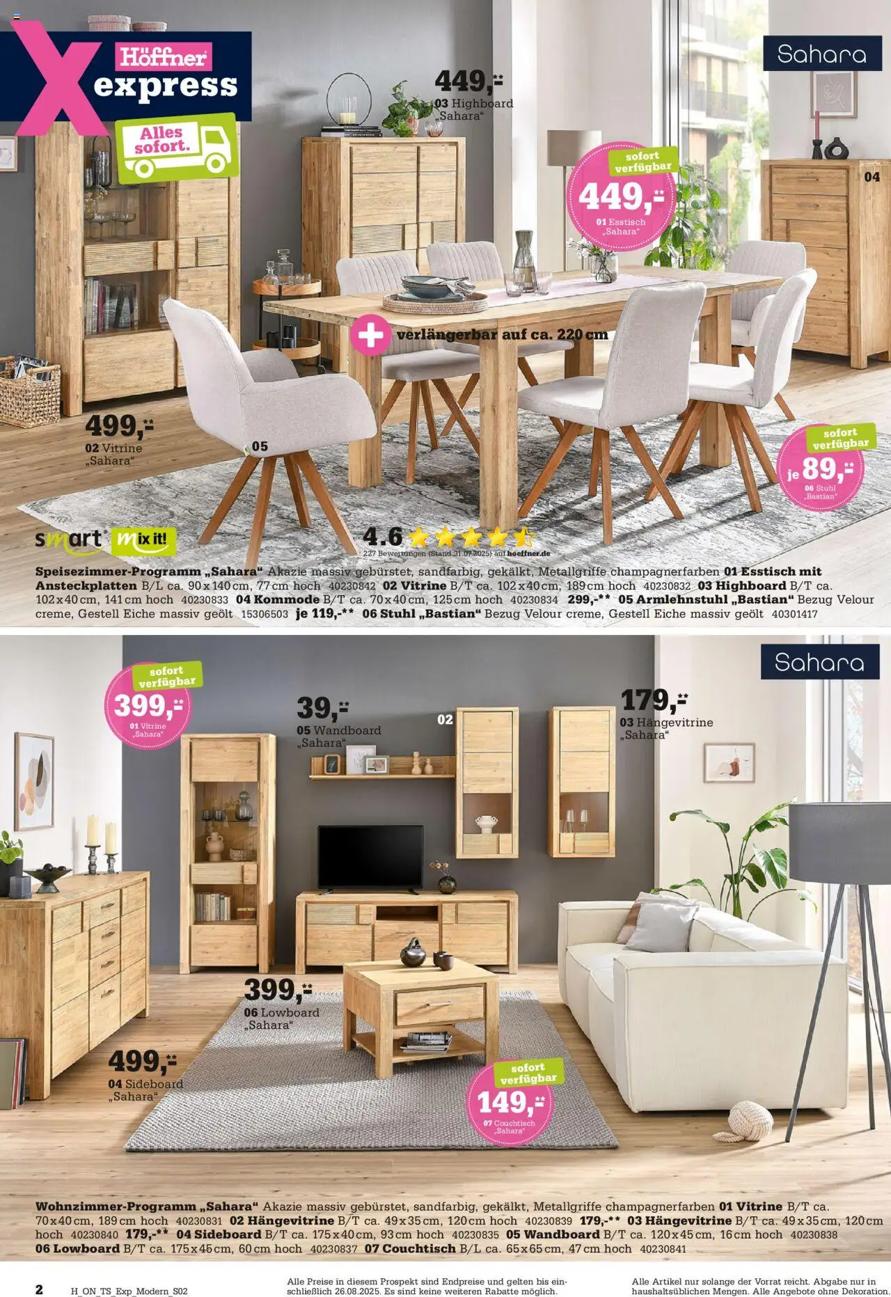 Höffner - Express Spezial - gültig ab dem 13.08.2025 | Seite: 2 | Produkte: Wandboard, Esstisch, Hängevitrine, Kommode