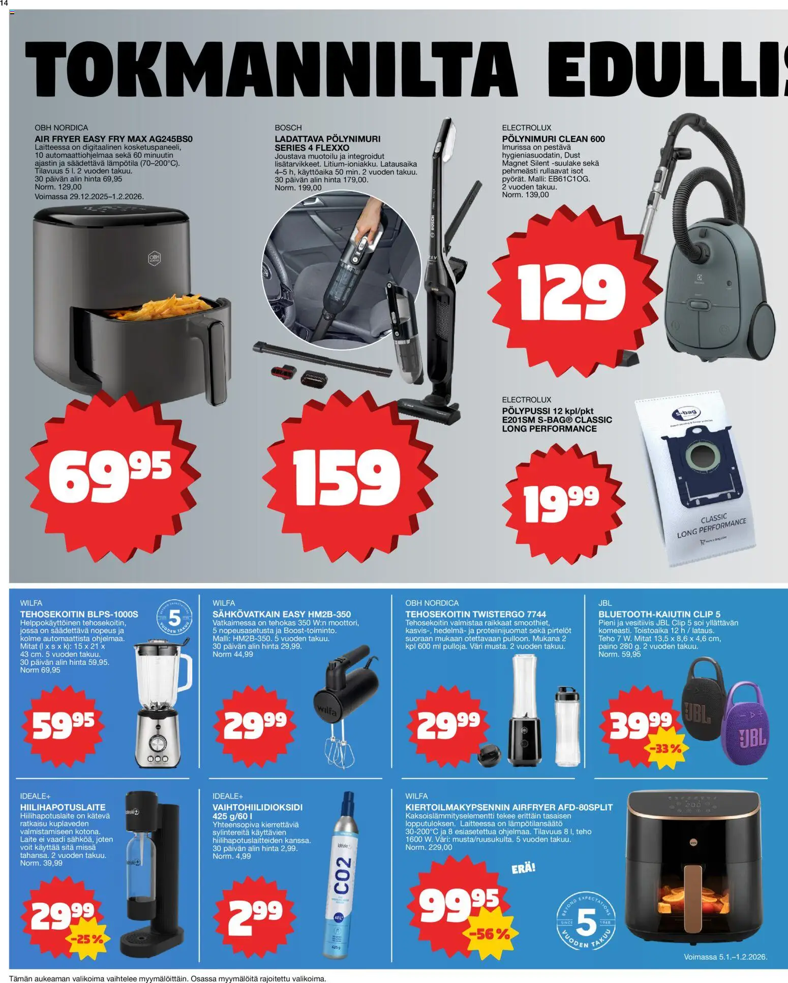 Tokmanni tarjoukset – voimassa 05.01.2026 alkaen | Sivu: 14 | Tuotteet: Sähkövatkain, Tehosekoitin, Hiilihapotuslaite