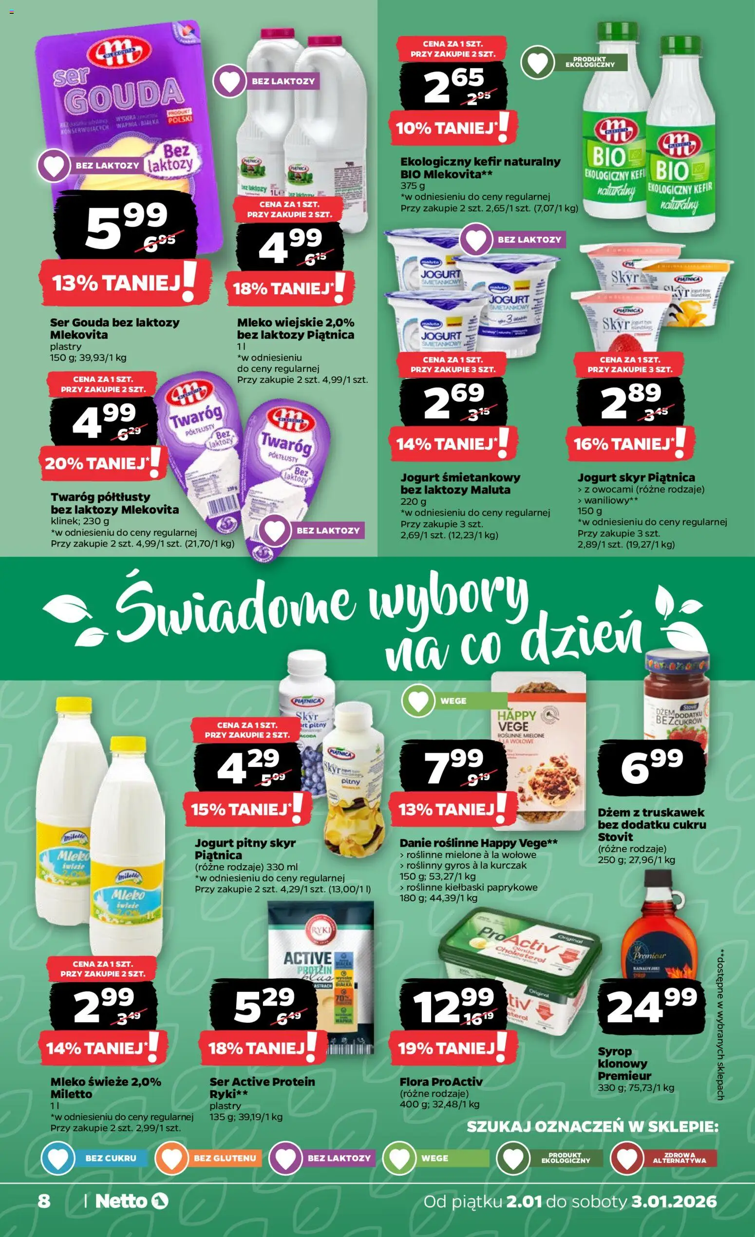 Netto gazetka - Spożywcza od 02.01.2026 | Strona: 8 | Produkty: Kefir, Syrop klonowy, Dżem, Twaróg