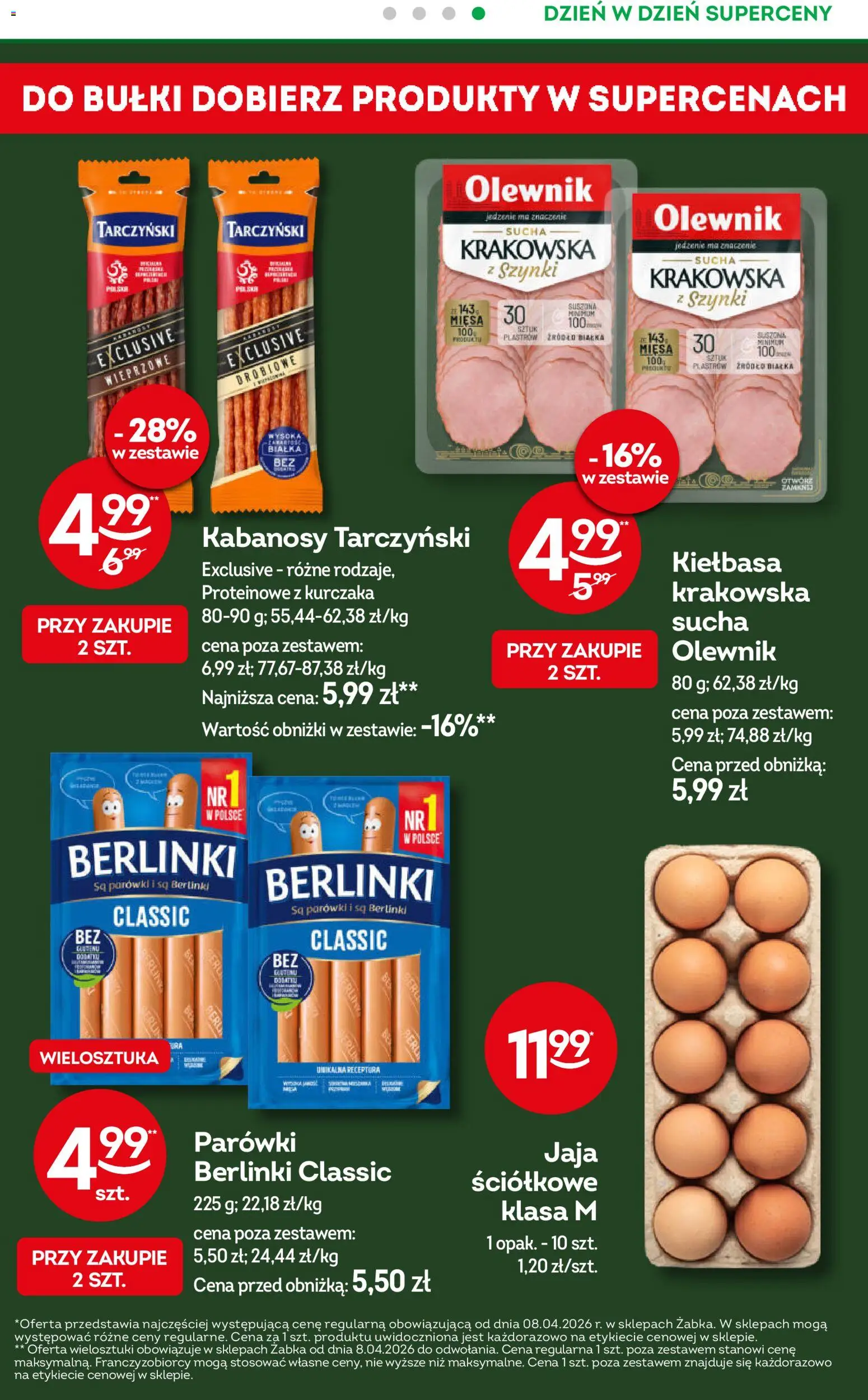 Żabka gazetka od 08.04.2026 | Strona: 5 | Produkty: Kiełbasa, Parówki berlinki, Kabanosy, Ser