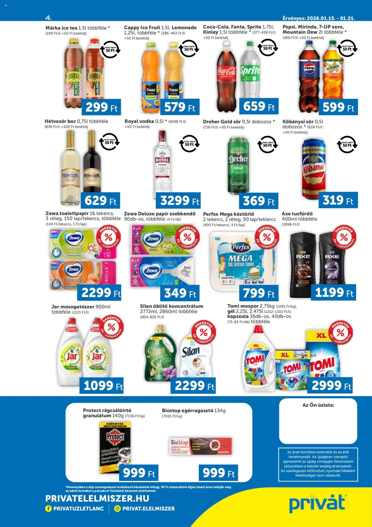 PRIVÁT akciós ujság - amely érvényes a következő dátumtól: 15.01.2026 | Oldal: 4 | Termékek: Jar mosogatószer, Pepsi, Sör, Tusfürdő