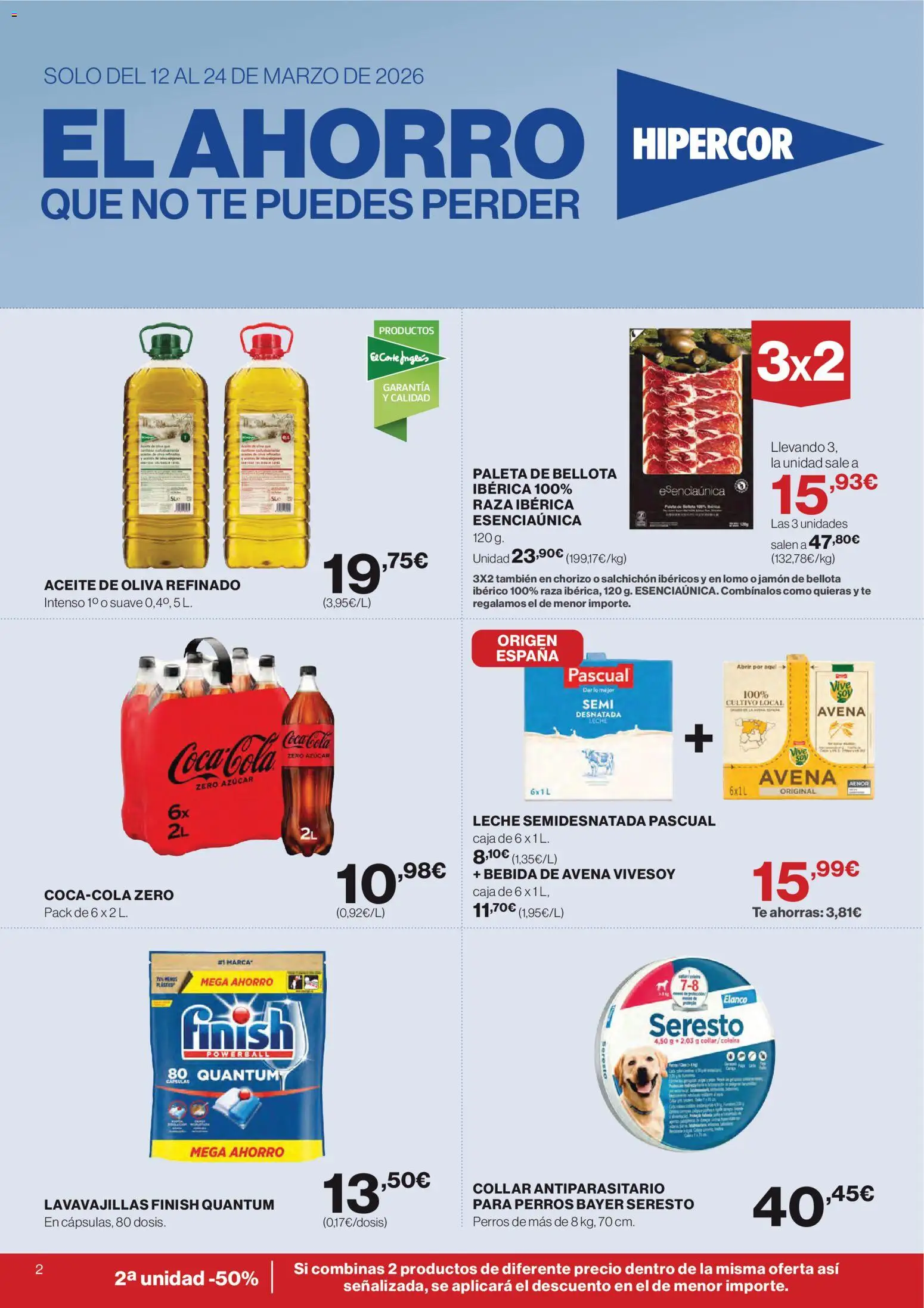 Hipercor catálogo │ válido desde el 12.03.2026 | Página: 2 | Productos: Leche, Bebida de avena, Lavavajillas, Caja