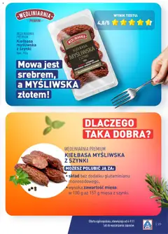 Kiełbasa myśliwska z szynki, Kiełbasa myśliwska z szynki. Skład bez dodatku glutaminianu monosodowego, wysoka zawartość mięsa: w 100 g aż 157 g mięsa z szynki. od 04.11.2024 | Strona: 23