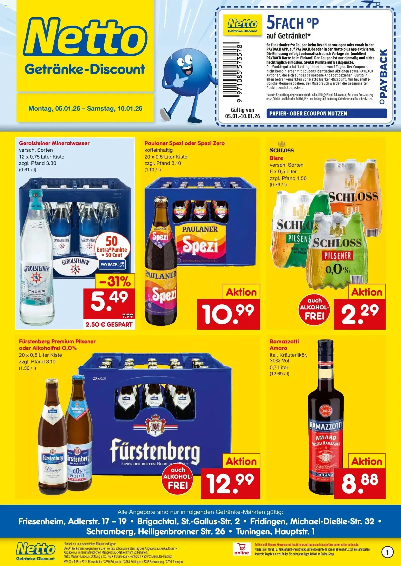 Netto Marken-Discount prospekt Fridingen	 – gültig ab 05.01.2026 | Seite: 1 | Produkte: Paulaner spezi, Mineralwasser, Ramazzotti, Gerolsteiner