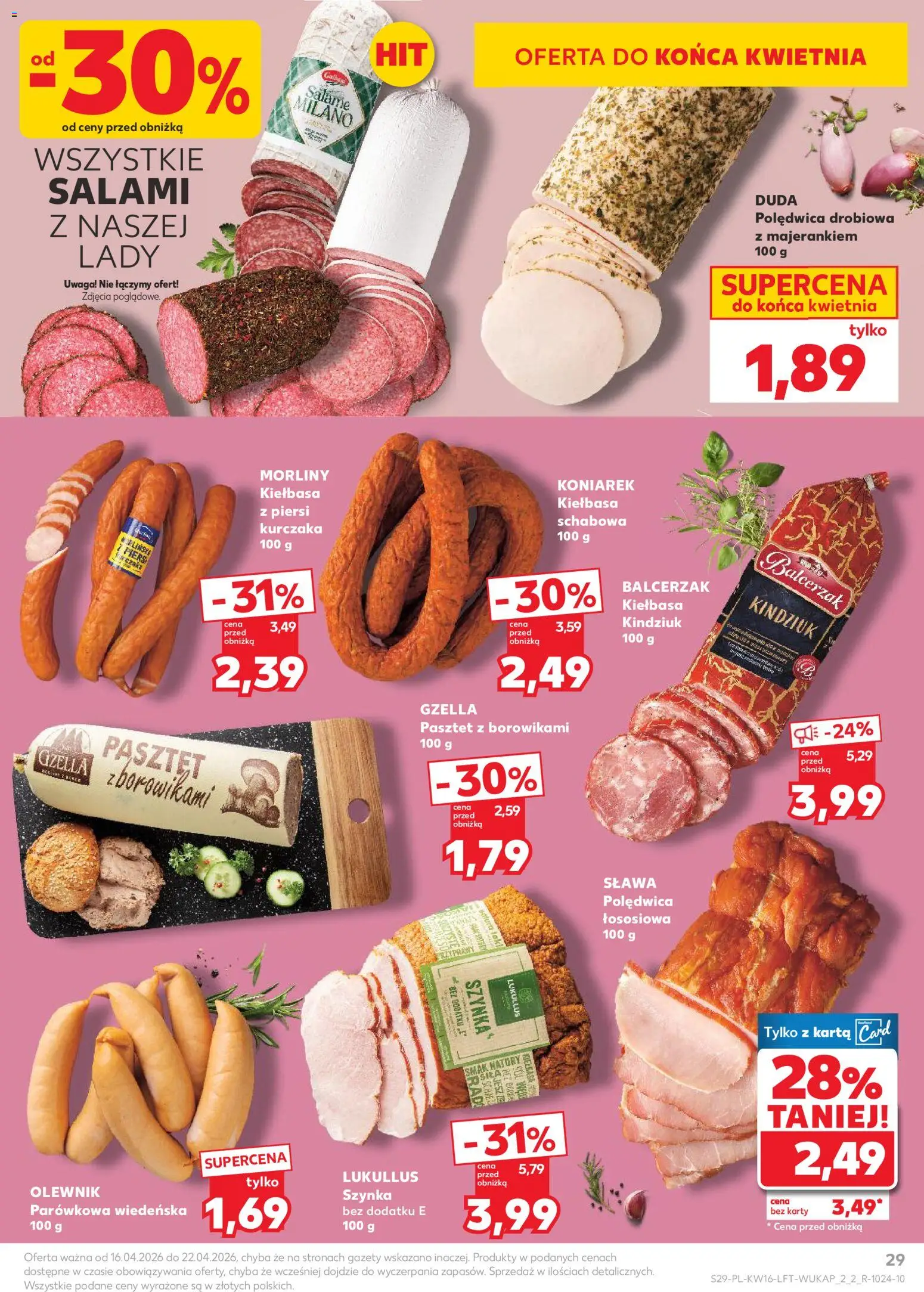Kaufland gazetka od 16.04.2026 | Strona: 29 | Produkty: Kiełbasa, Karta, Piersi, Kindziuk