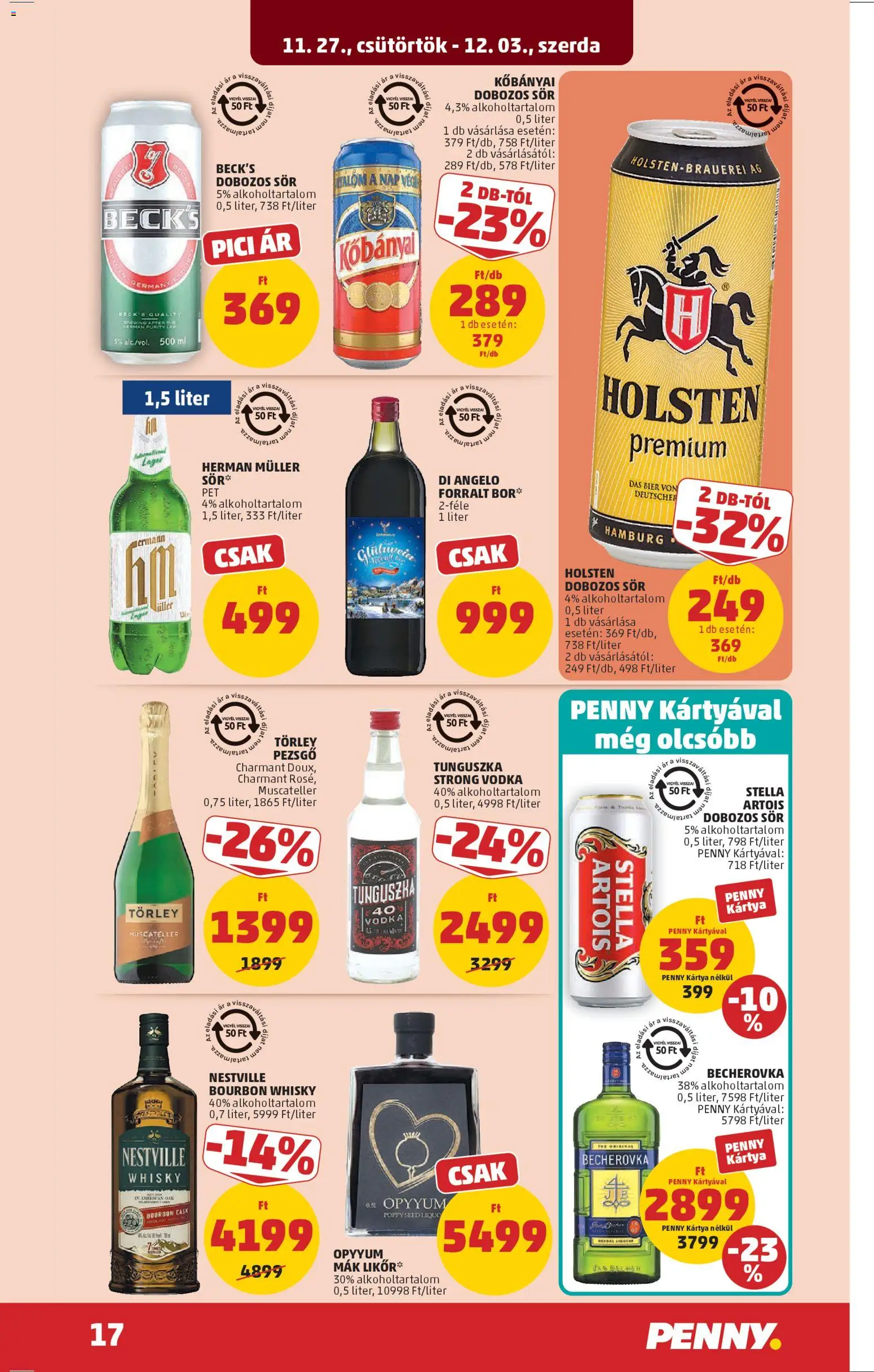 PENNY akciós ujság - amely érvényes a következő dátumtól: 27.11.2025 | Oldal: 21 | Termékek: Pezsgő, Stella artois, Dobozos sör, Whisky