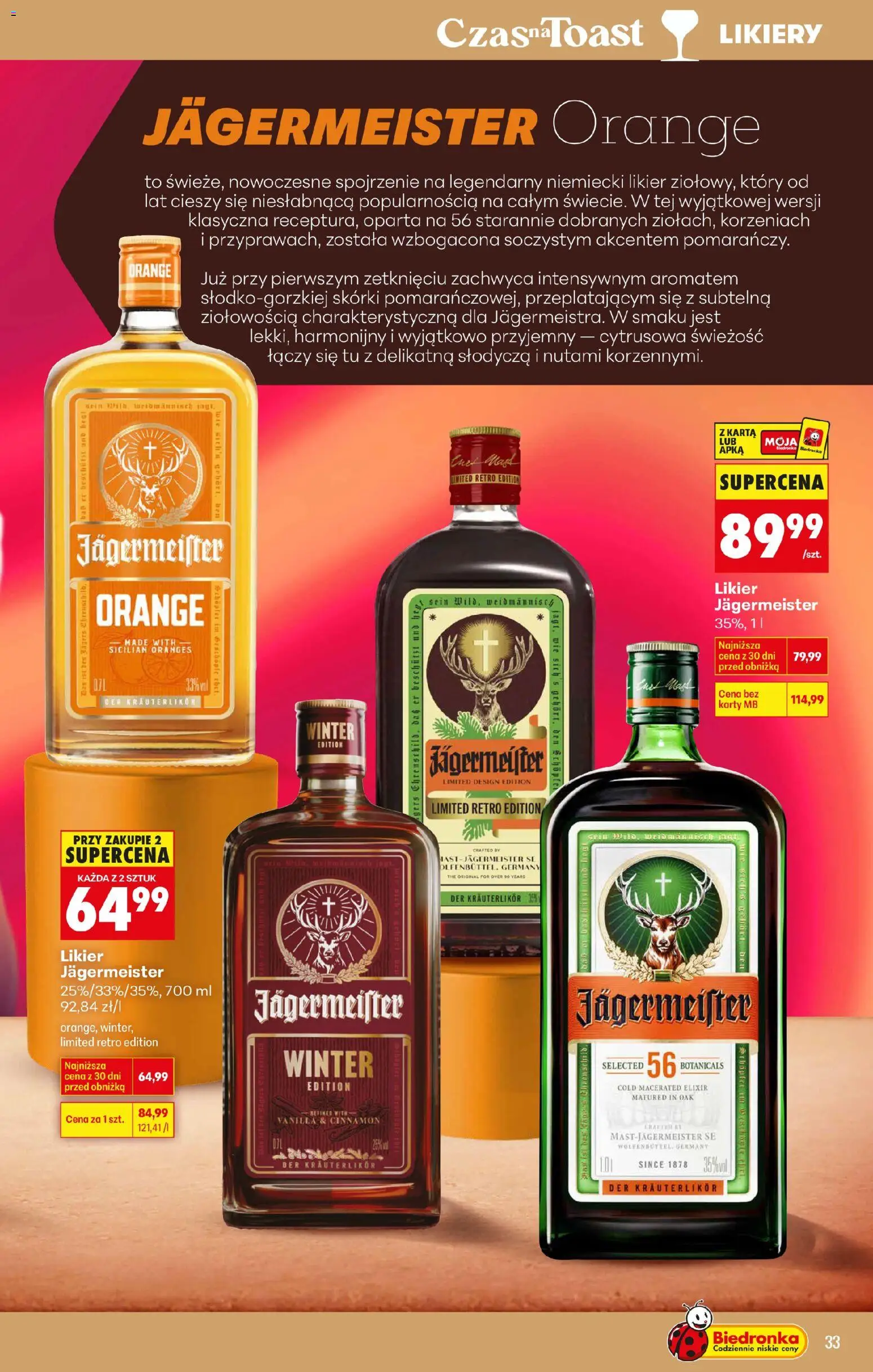 Biedronka gazetka - Czas na toast od 02.01.2026 | Strona: 33 | Produkty: Karta, Likier ziołowy, Jagermeister