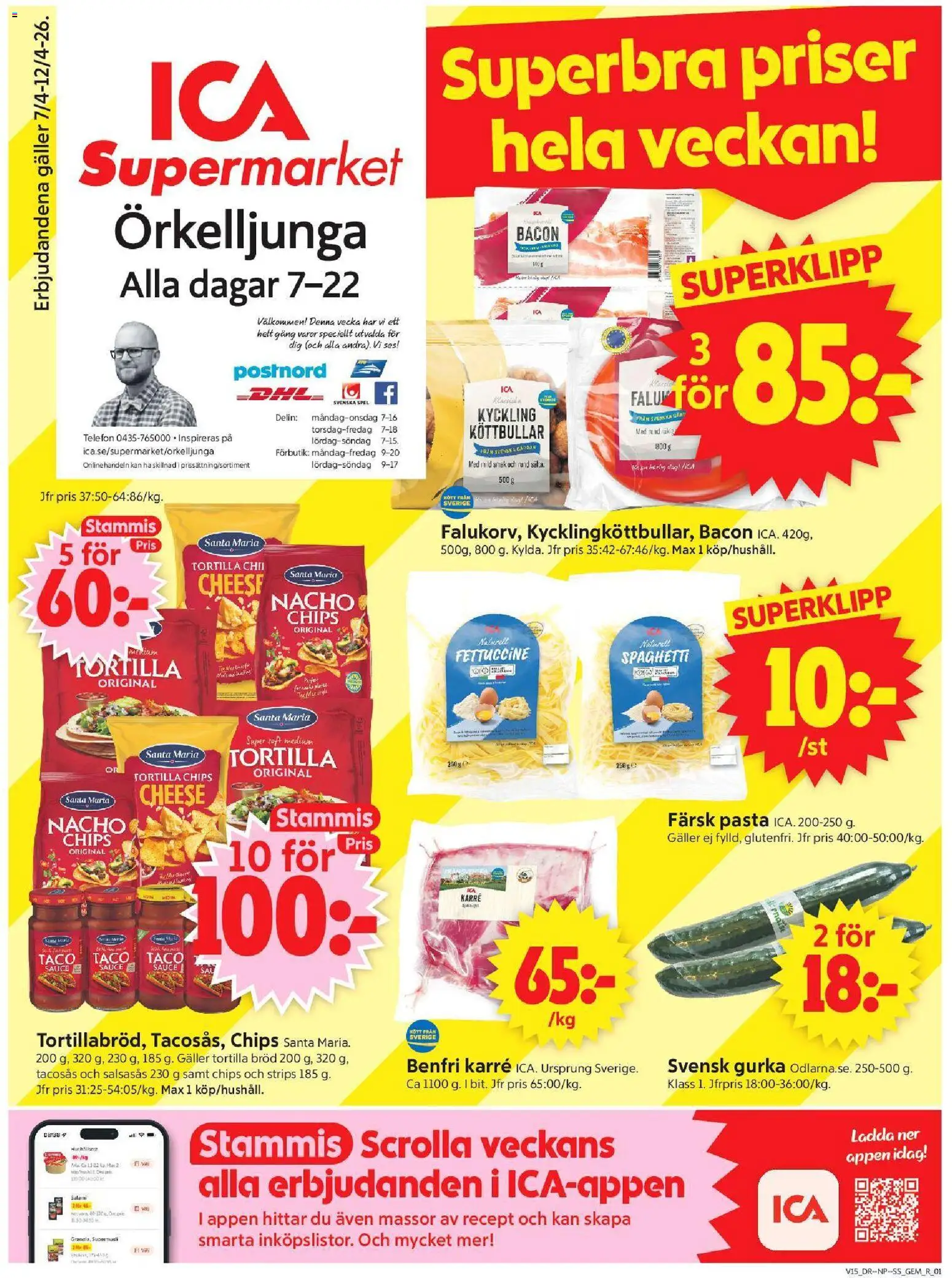 ICA Supermarket reklamblad aktuell från 06.04.2026 | Sida: 1 | Produkter: Tacosås, Bröd, Spaghetti, Spel
