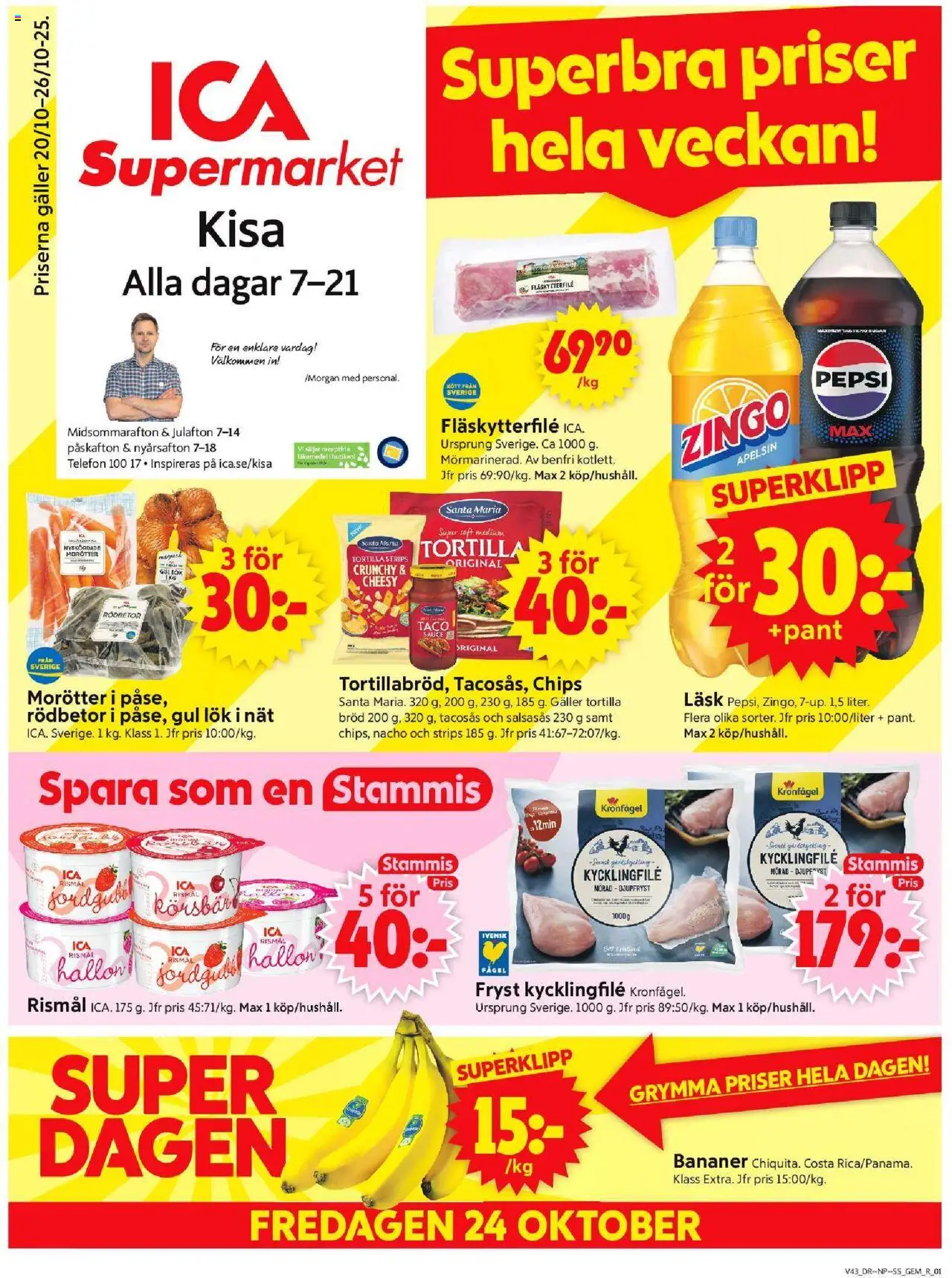 ICA Supermarket reklamblad aktuell från 20.10.2025 | Sida: 1 | Produkter: Tacosås, Kycklingfile, Fläskytterfilé, Telefon