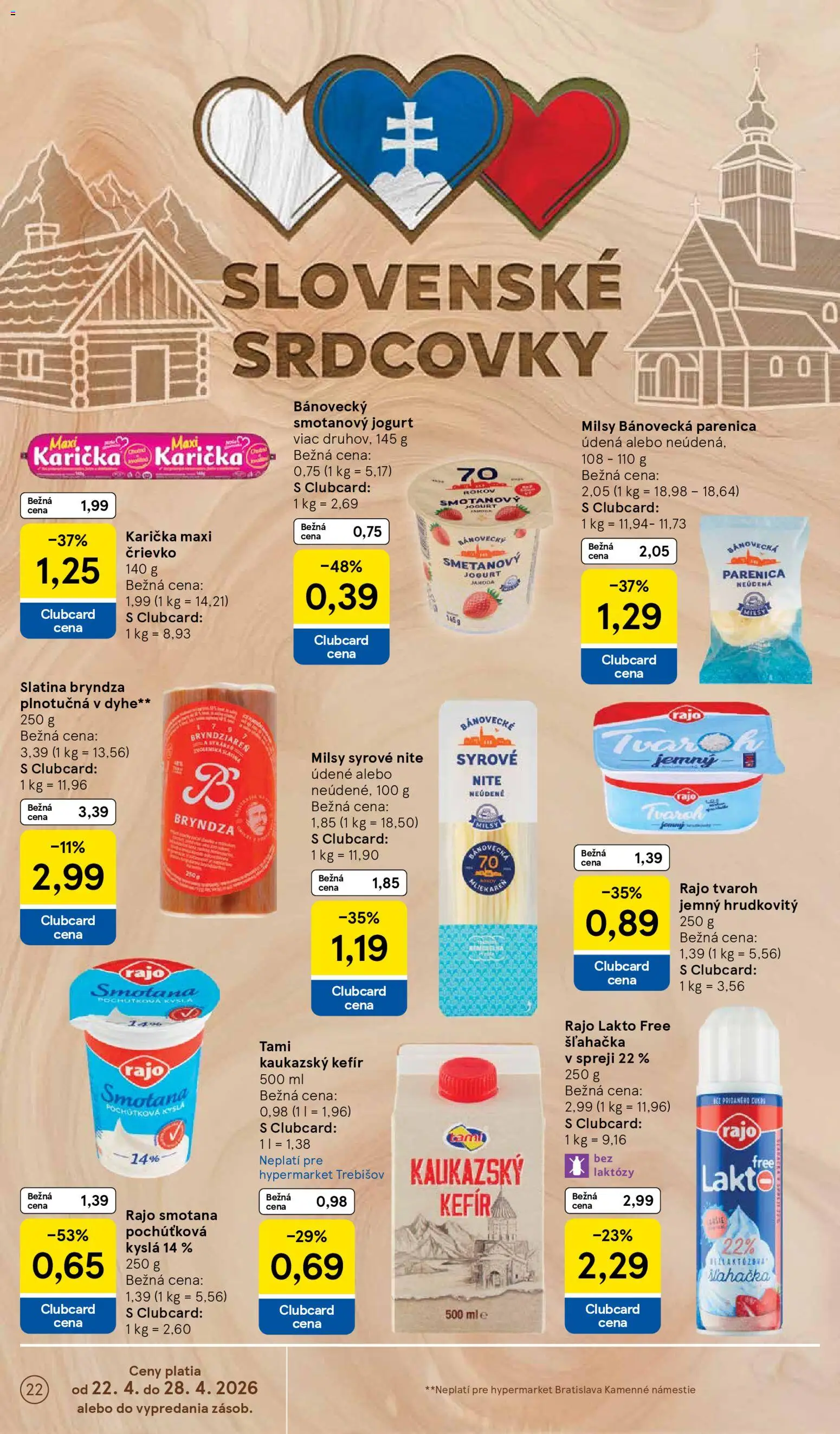 Nové Tesco akcie – leták je platný od 22.04.2026 | Strana: 22 | Produkty: Jogurt, Smotana, Bryndza, Tvaroh