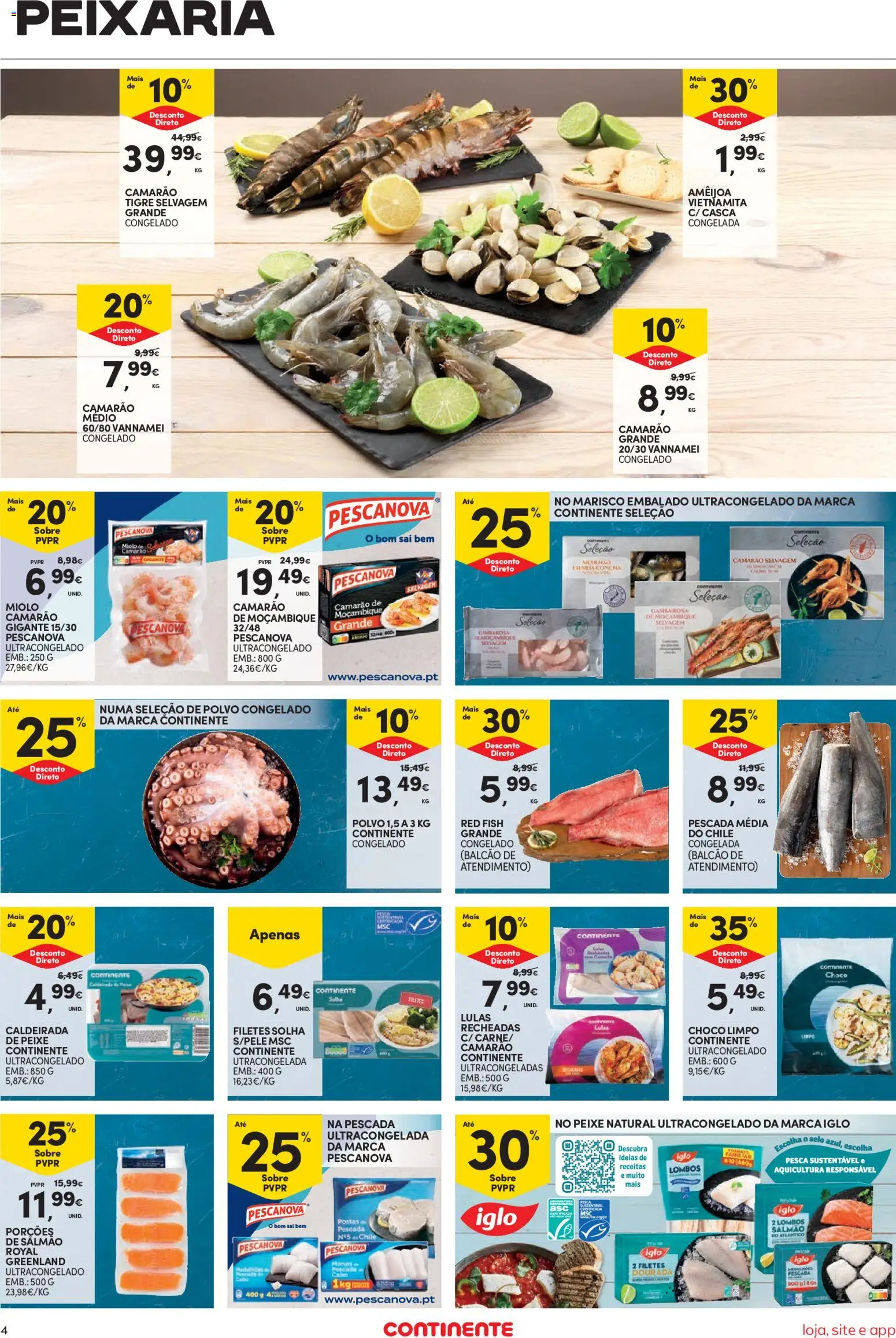 Continente Semanal Continente Bom Dia │ válido de 25.11.2025 | Página: 4 | Produtos: Dourada, Lulas, Camarão, Pescada do cabo