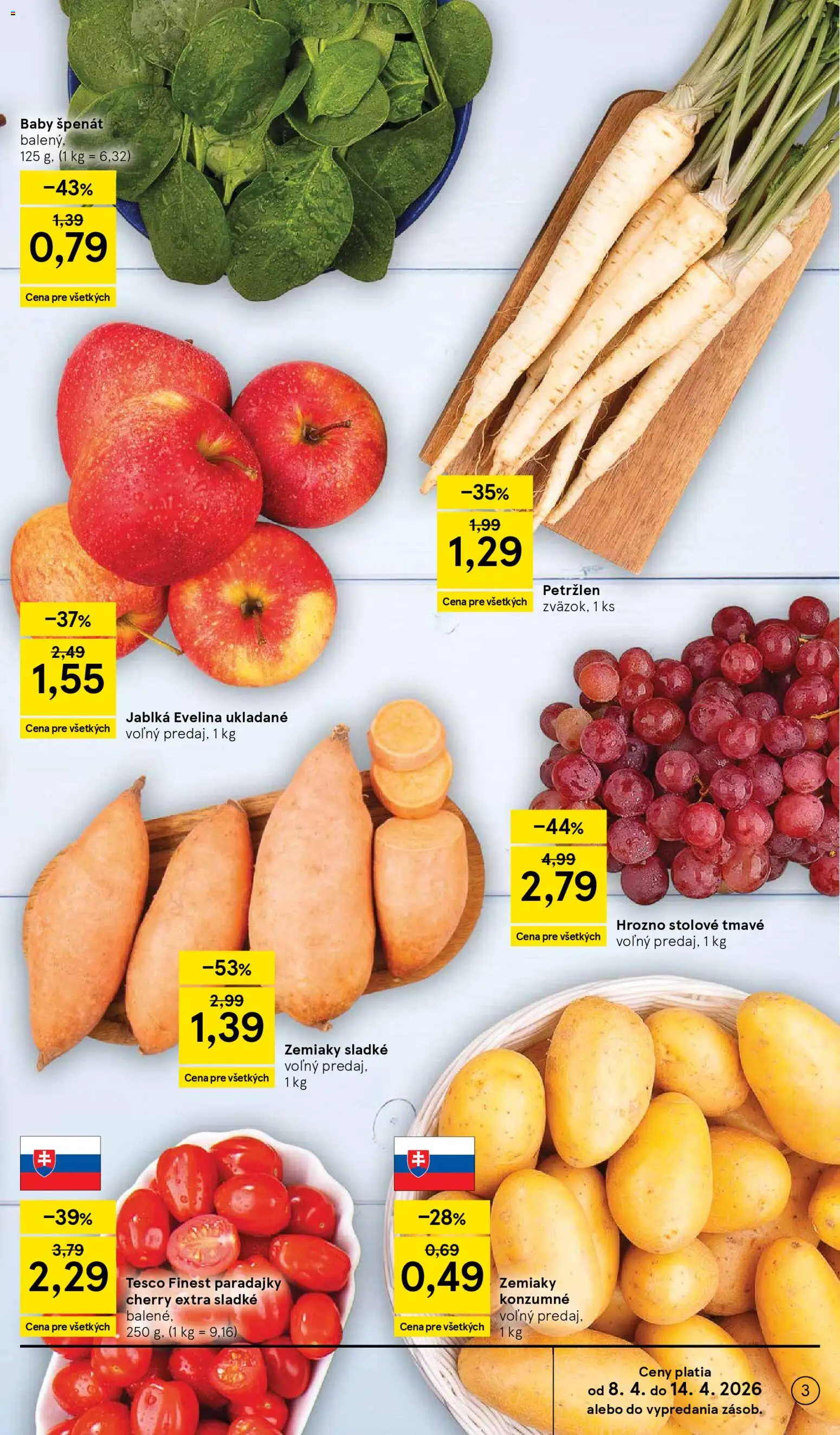 Nové Tesco akcie – leták je platný od 08.04.2026 | Strana: 3 | Produkty: Jablká, Paradajky, Zemiaky, Hrozno