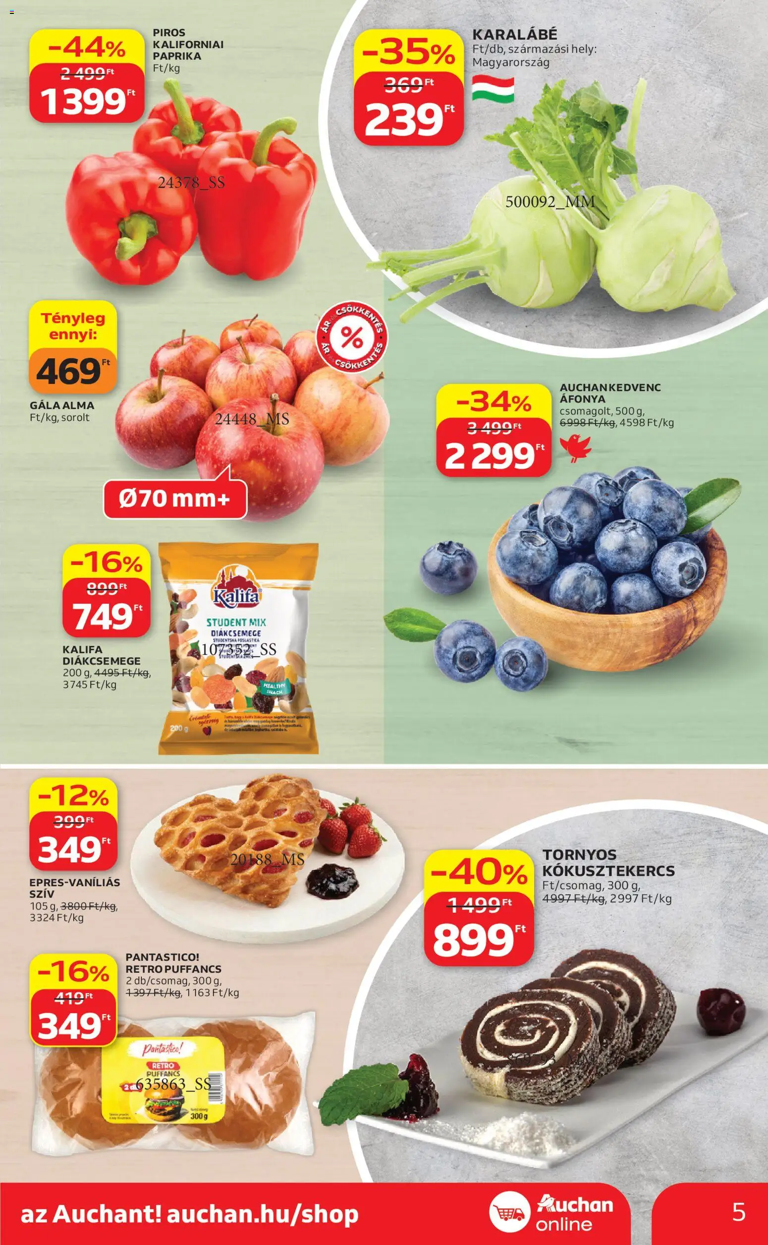 Auchan akciós ujság - amely érvényes a következő dátumtól: 30.04.2026 | Oldal: 5 | Termékek: Áfonya, Diákcsemege, Alma