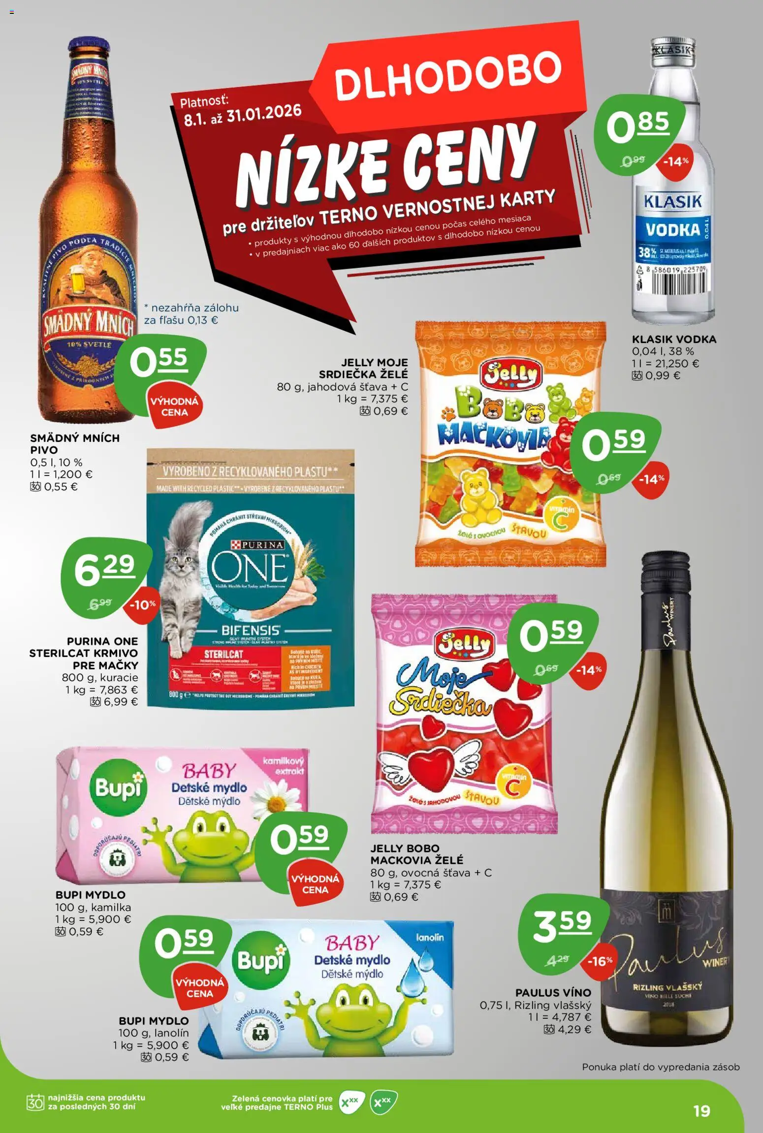 Nové Terno akcie – leták je platný od 08.01.2026 | Strana: 19 | Produkty: Pivo, Víno, Mydlo, Vodka