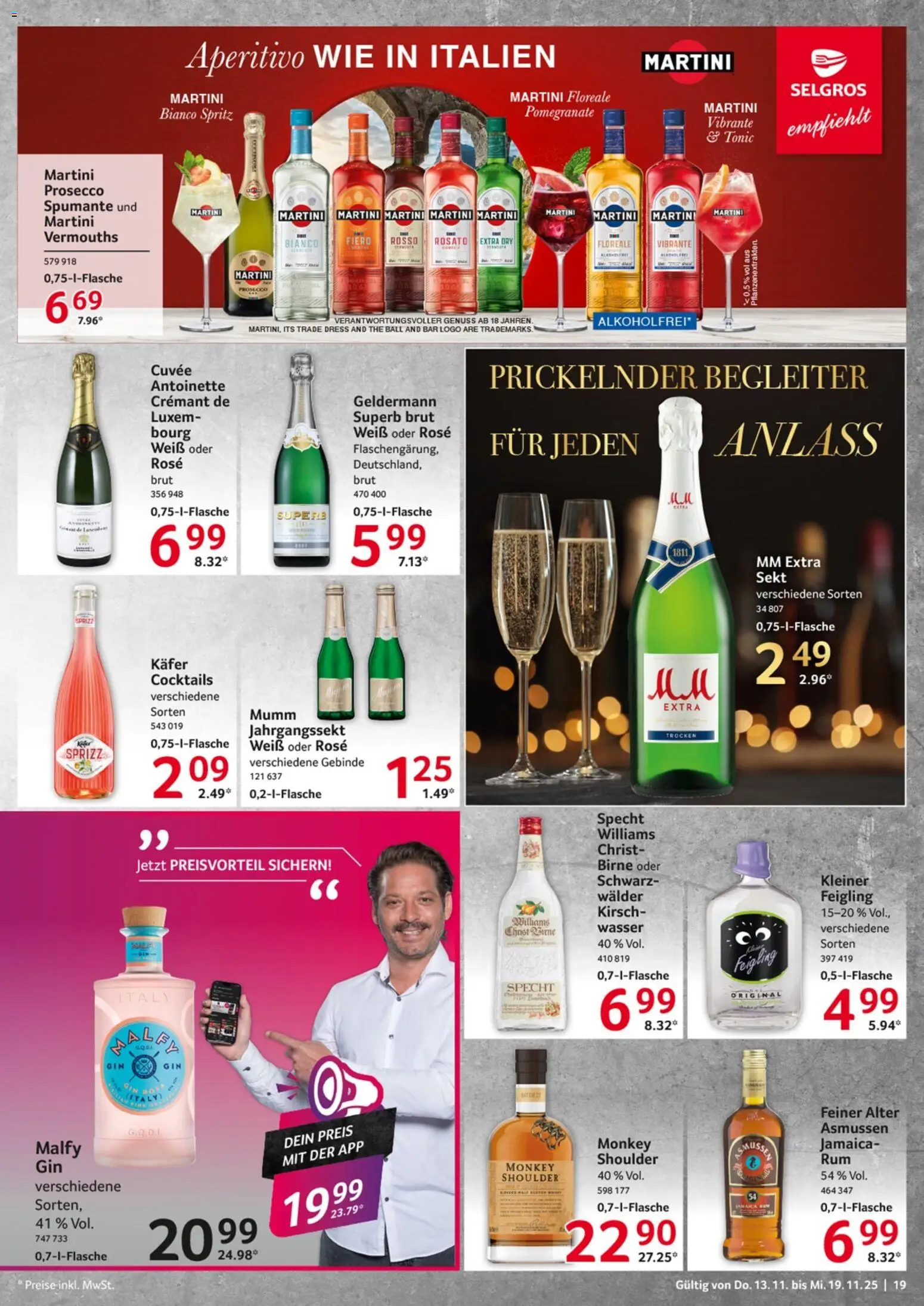 Selgros Prospekt 	 – gültig ab 13.11.2025 | Seite: 19 | Produkte: Martini, Prosecco, Wasser, Gin