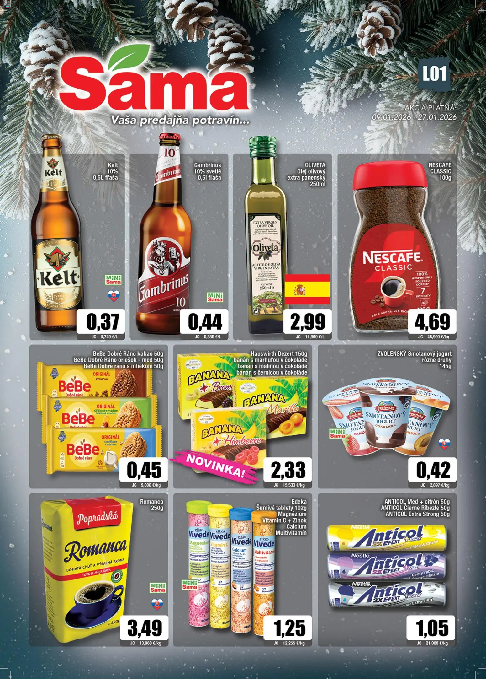 Nové Sama akcie – leták je platný od 09.01.2026 | Strana: 1 | Produkty: Jogurt, Olej, Káva, Nescafé Classic