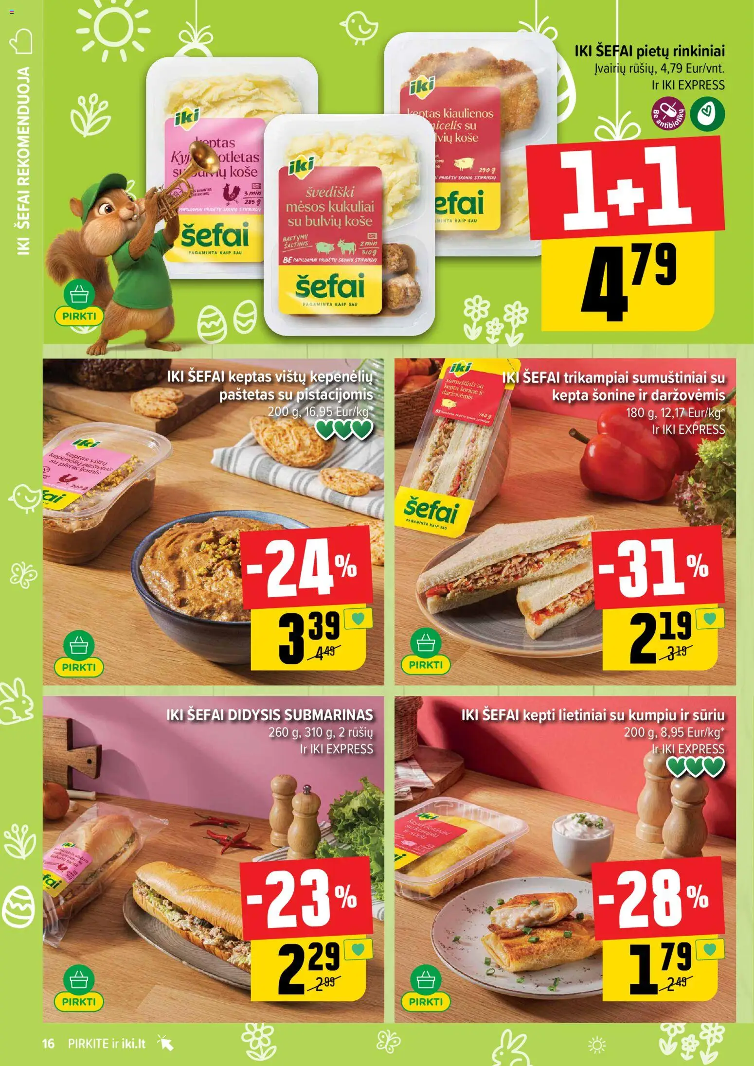 IKI akcijos nuo 23.03.2026 | Puslapis: 16 | Prekių: Košė, Kiaulienos, Sumuštinis