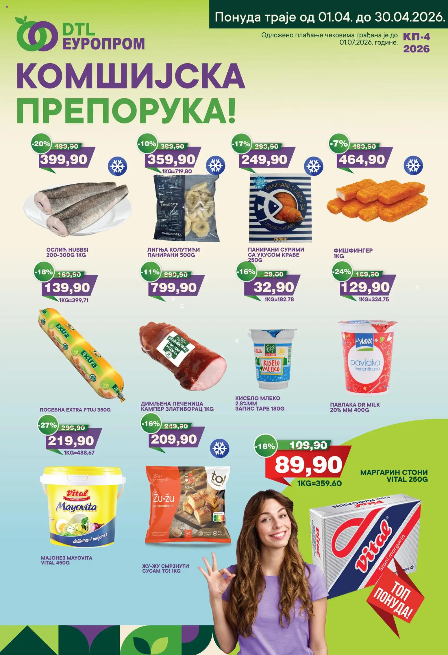 Europrom katalog - važi od 01.04.2026 | Strana: 1 | Proizvode: Surimi, Mleko, Pečenica, Pavlaka