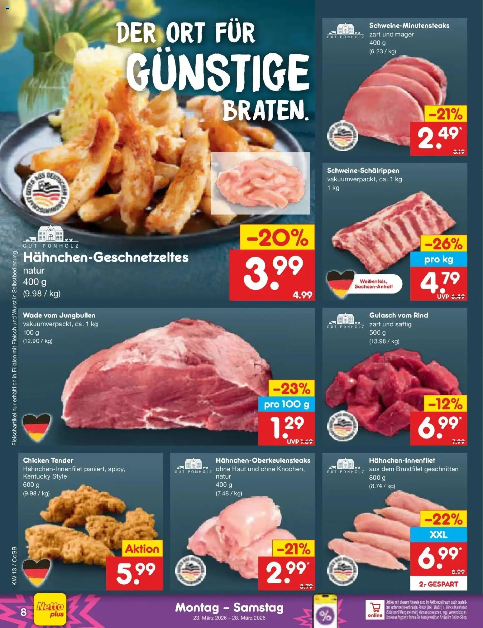 Netto Marken-Discount Prospekt Bitterfeld-Wolfen	 – gültig ab 23.03.2026 | Seite: 8 | Produkte: Gulasch, Wurst, Fleisch