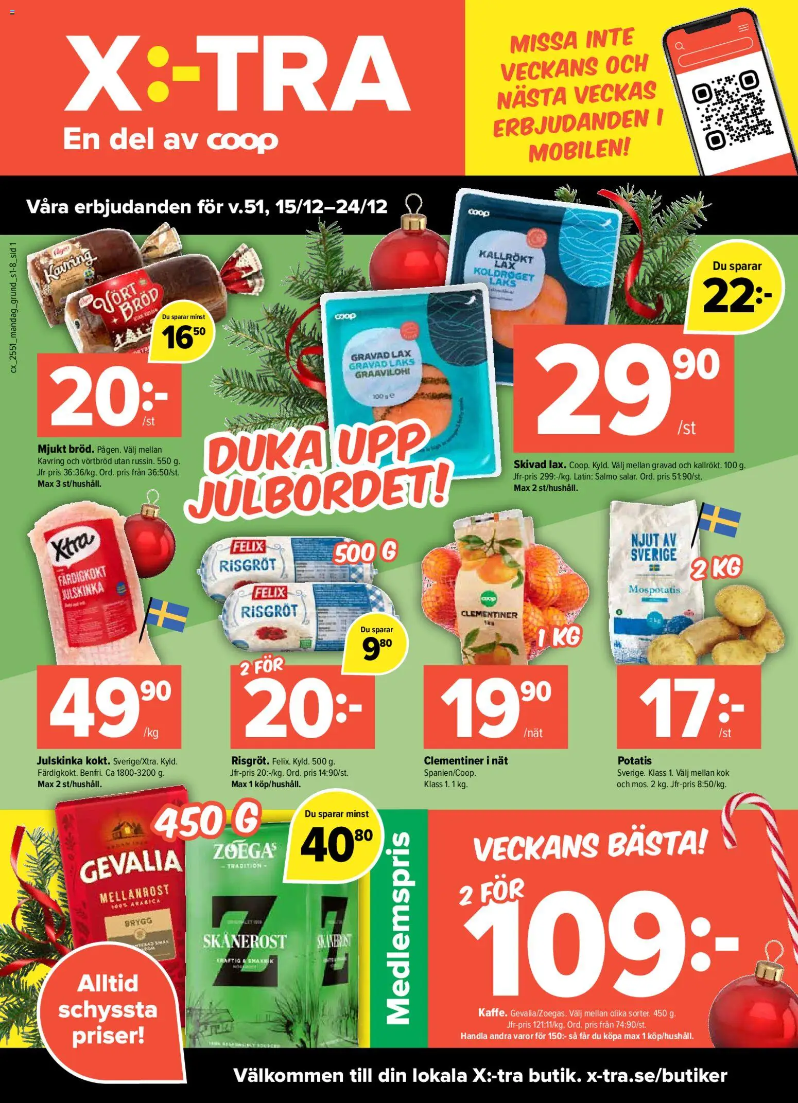 Coop X:-TRA reklamblad aktuell från 15.12.2025 | Sida: 1 | Produkter: Lax, Bröd, Potatis