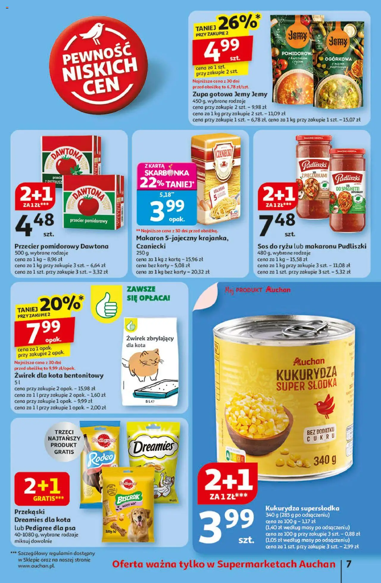 Auchan Gazetka od 14.08.2025 | Strona: 7 | Produkty: Karta, Żwirek dla kota, Przecier pomidorowy, Pedigree