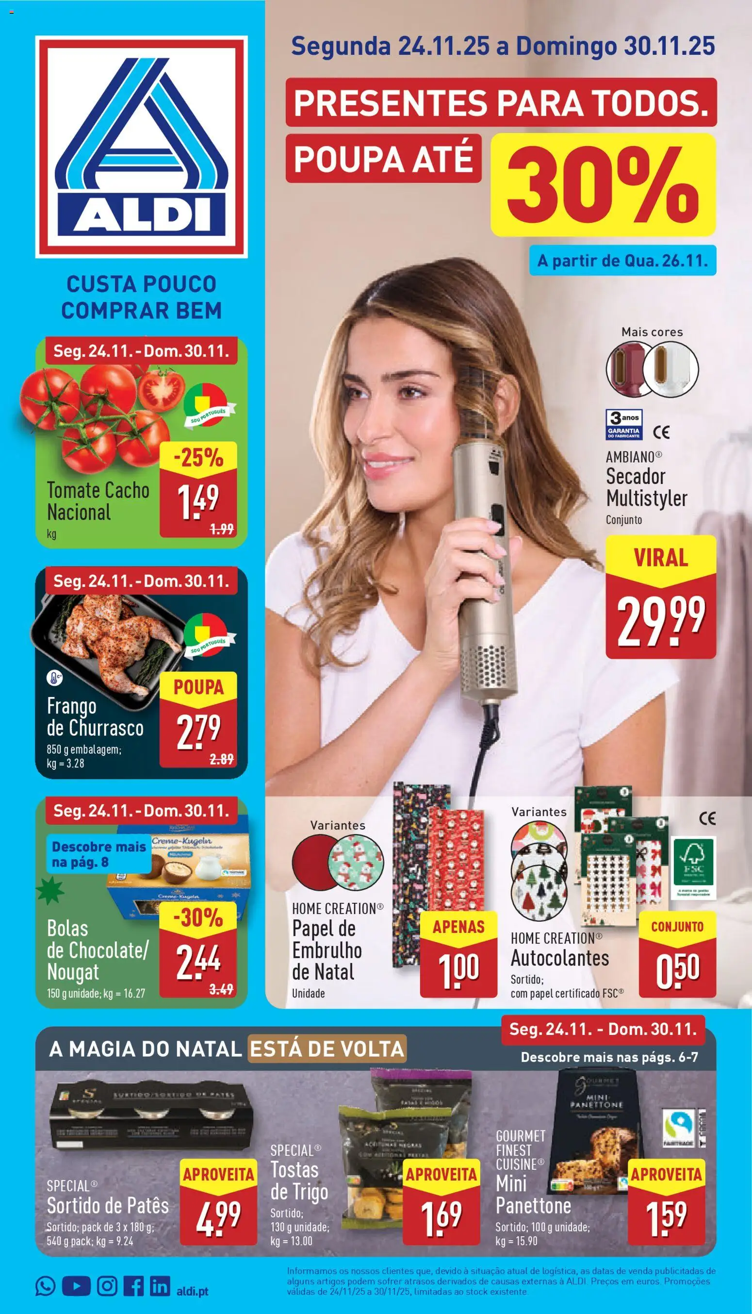 Aldi folheto │ válido de 24.11.2025 | Página: 1 | Produtos: Frango, Tostas, Tomate, Creme