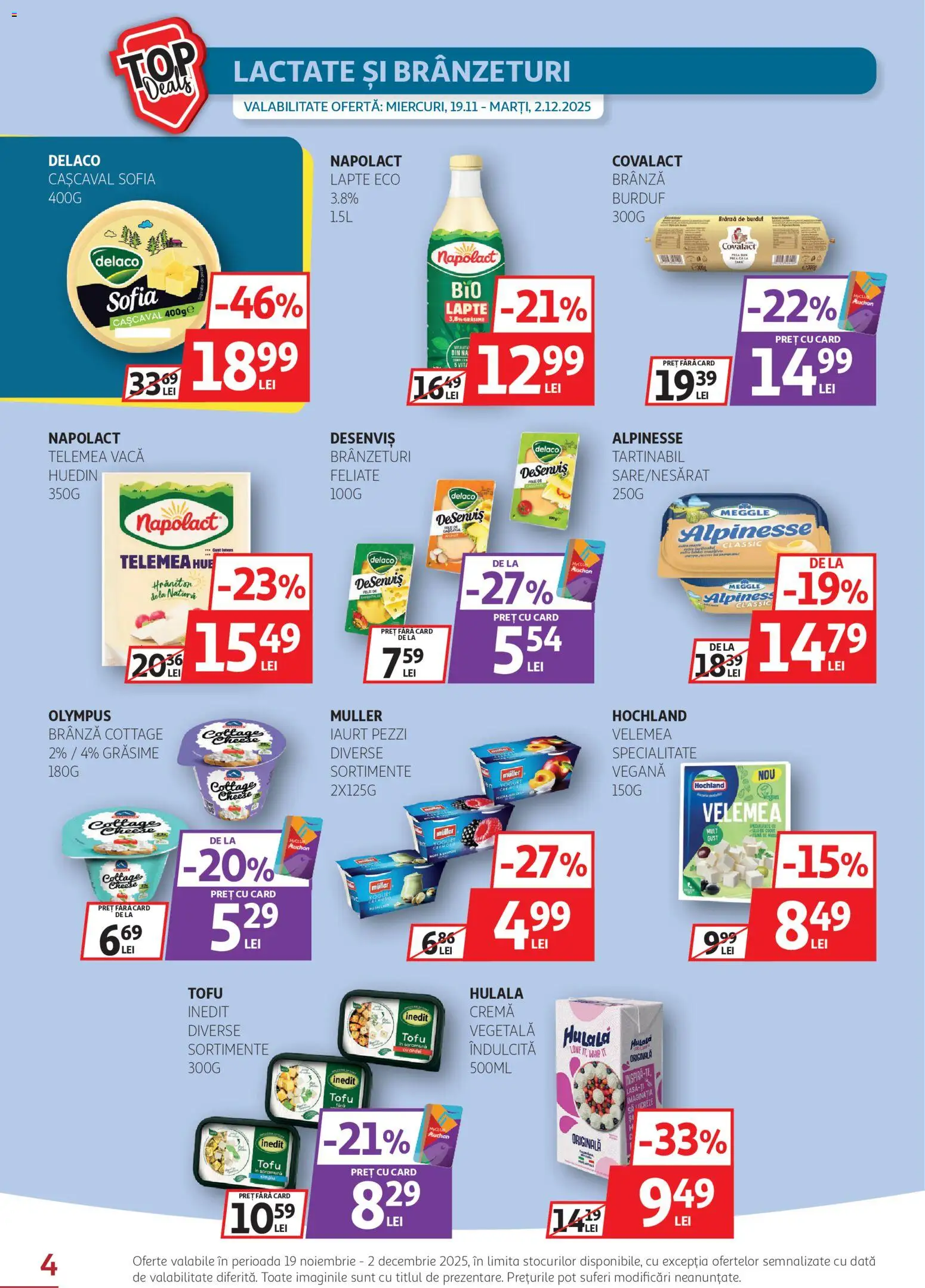 Noul catalog Auchan – valabil de la 19.11.2025 | Pagină: 4 | Produse: Light Kedi Konservesi, Cașcaval, Lapte, Iaurt