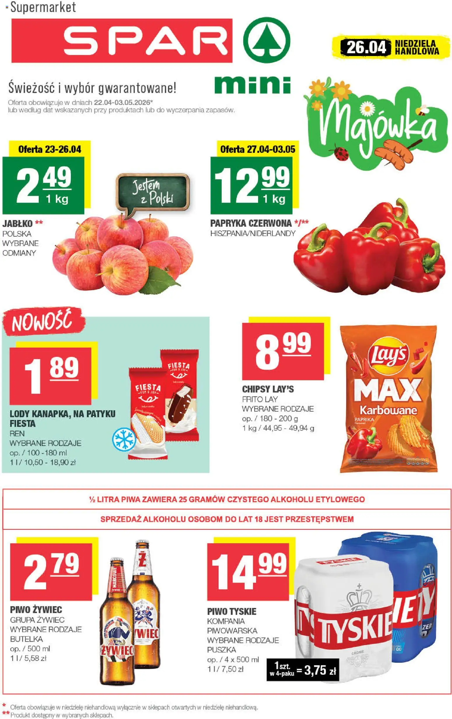 Spar gazetka - Mini od 22.04.2026 | Strona: 1 | Produkty: Papryka, Tyskie, Papryka czerwona, Lody