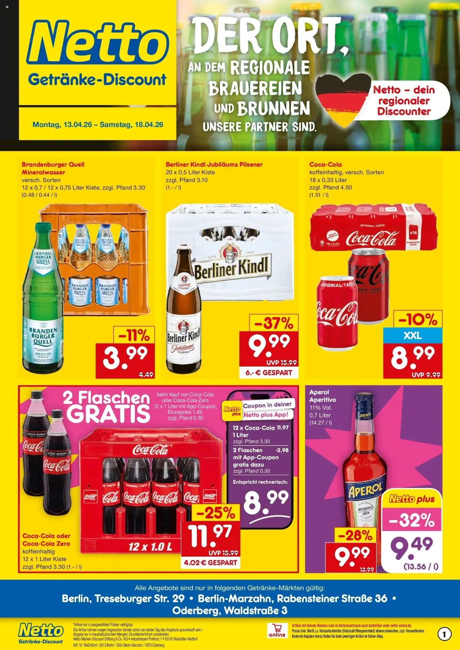 Netto Marken-Discount Prospekt Berlin	 – gültig ab 13.04.2026 | Seite: 1 | Produkte: Berliner, Coca cola, Mineralwasser, Aperol