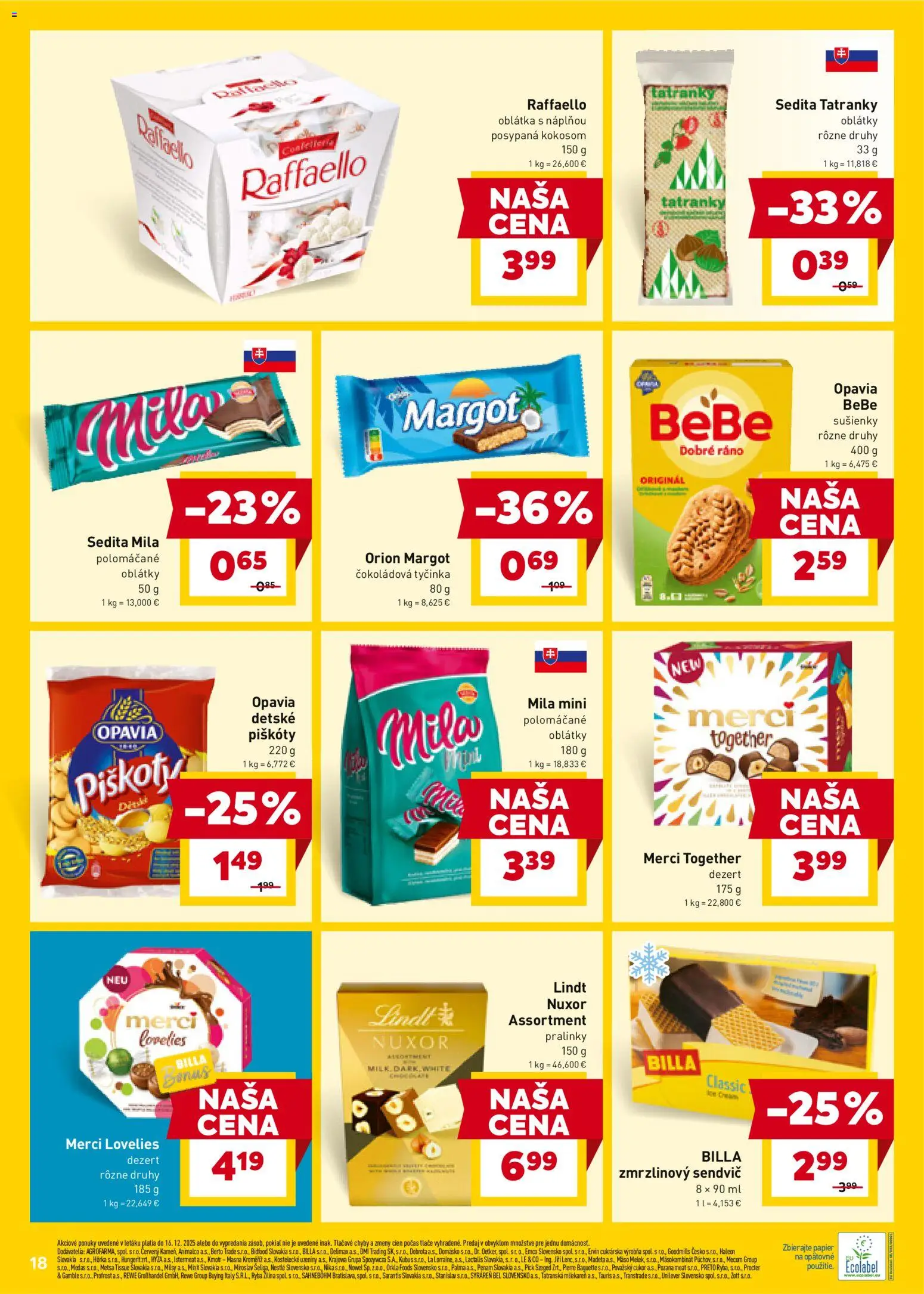 Nové Billa akcie – leták je platný od 10.12.2025 | Strana: 18 | Produkty: Lindt, Merci, Cukor, Mila