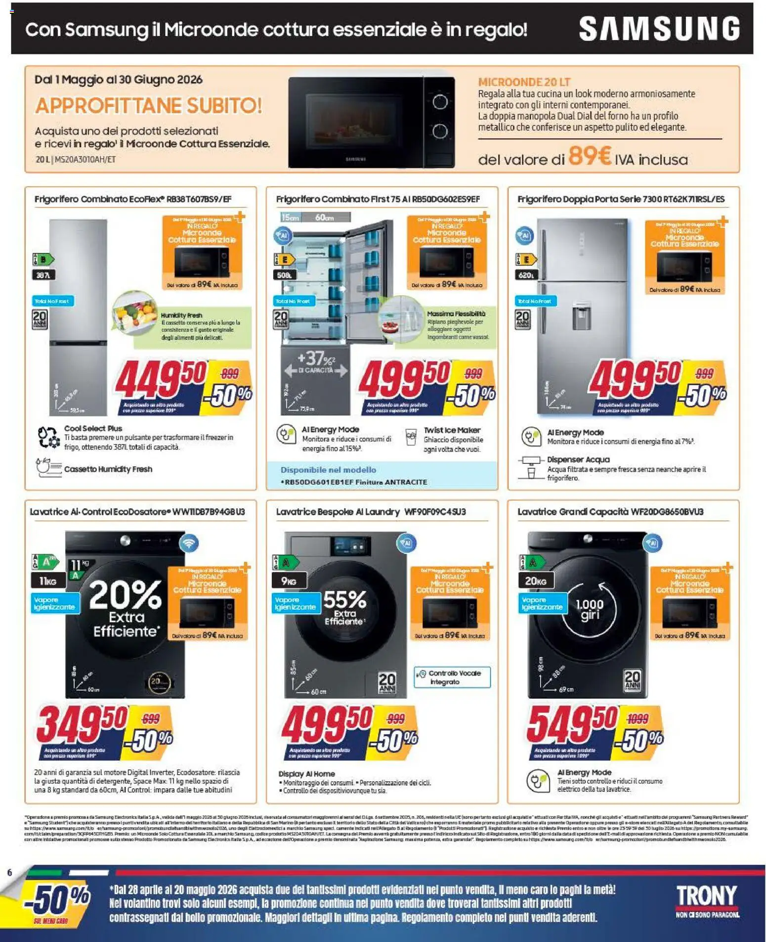Volantino Trony del 28.04.2026 | Pagina: 6 | Prodotti: Microonde, Freezer, Forno, Samsung