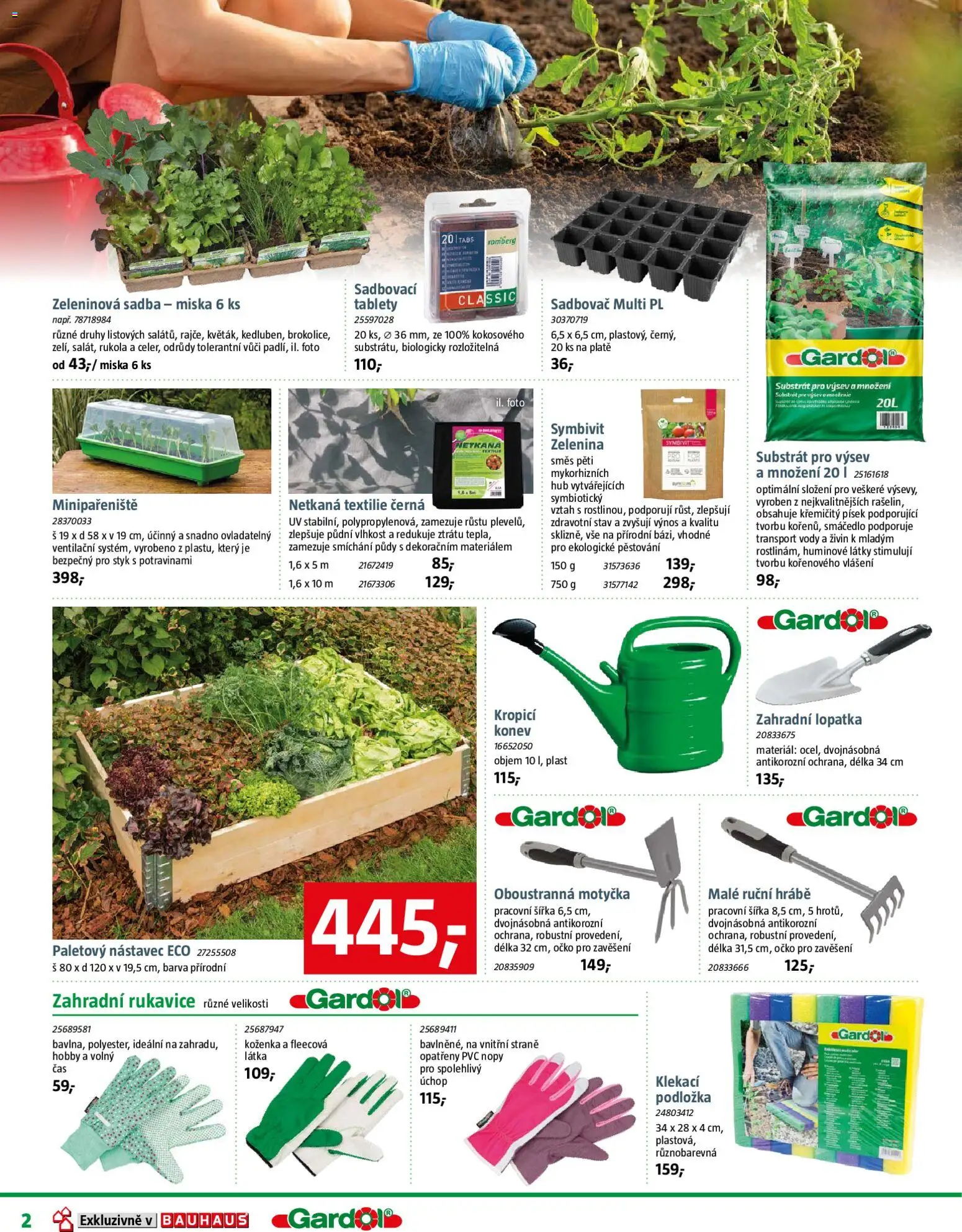Bauhaus katalog Zahradní centrum od 20.03.2026 | Strana: 2 | Produkty: Rukavice, Písek, Substrát, Lopatka