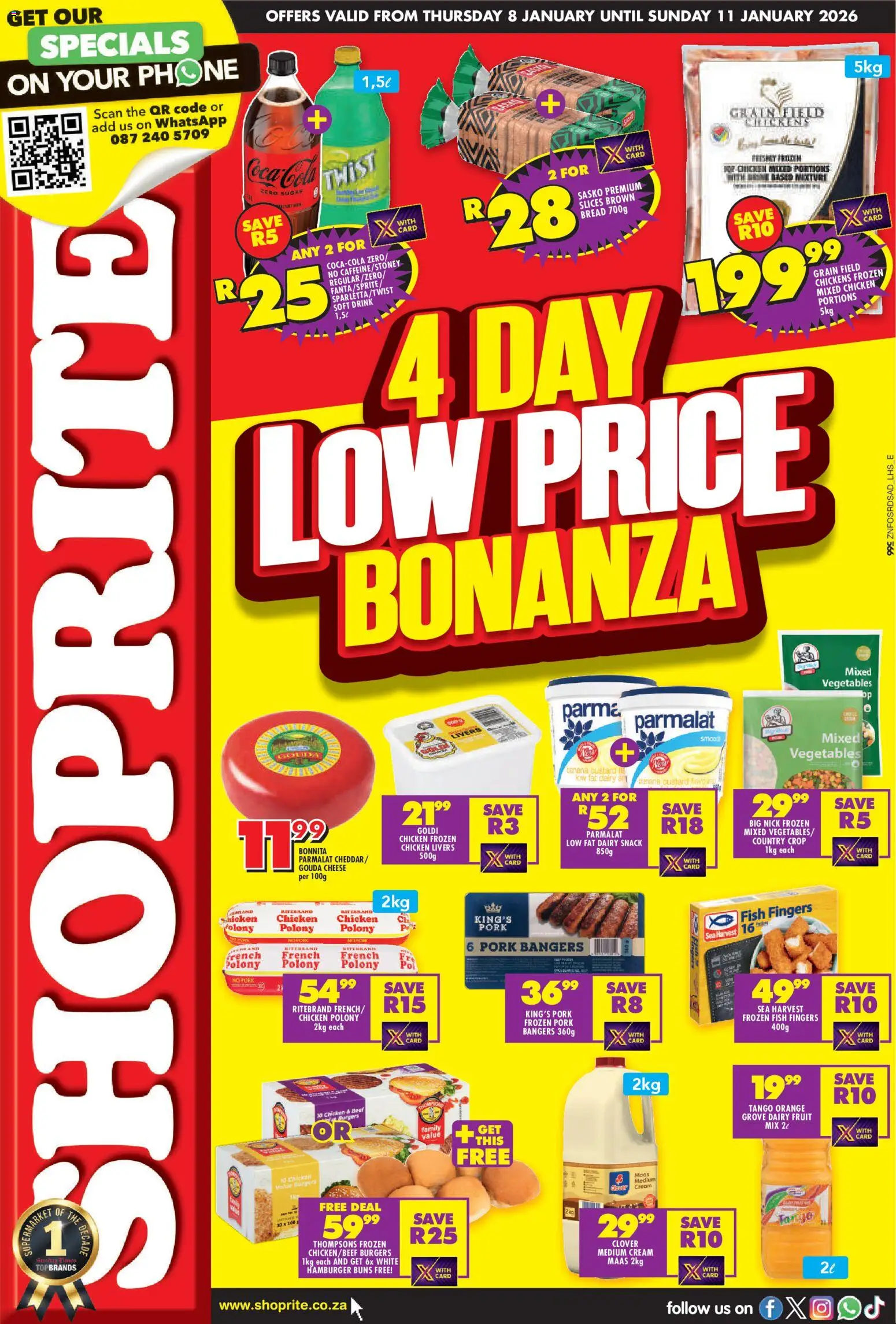 New Shoprite catalogue – valid from 08.01.2026 | Page: 1 | Products: Phone, Beer, Pork, Burgers
