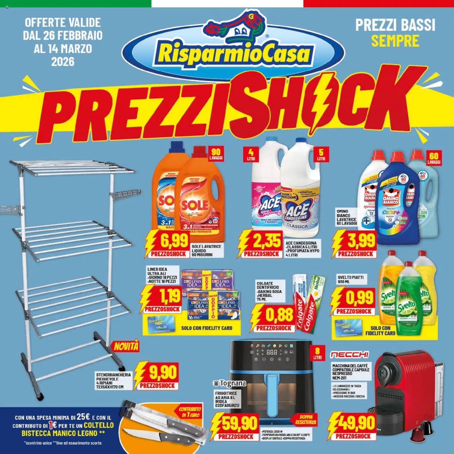 Volantino RisparmioCasa del 26.02.2026 | Pagina: 1 | Prodotti: Tè, Candeggina, Lavatrice, Friggitrice