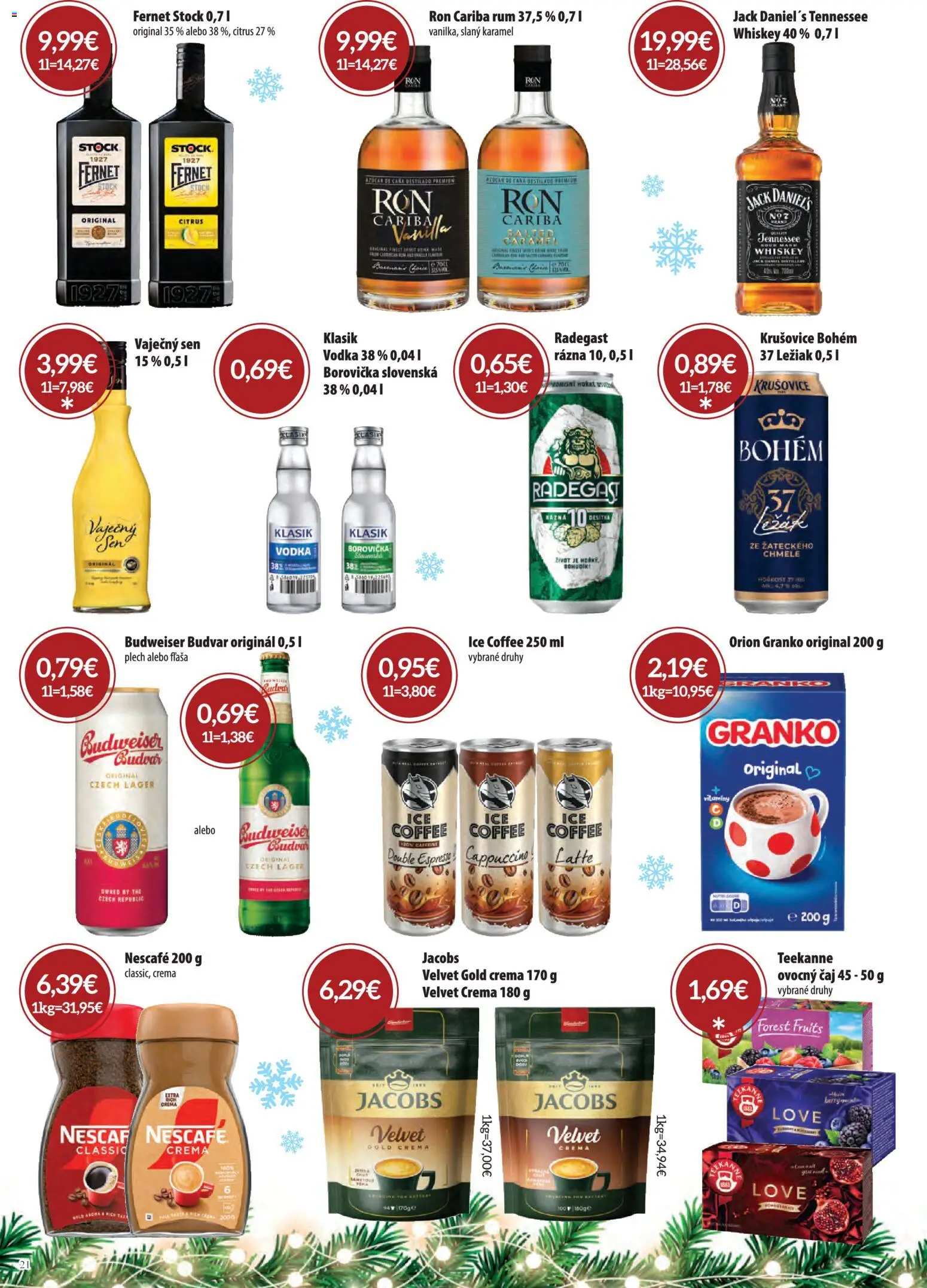 Nové CBA Komfos akcie – leták je platný od 01.12.2025 | Strana: 21 | Produkty: Krušovice, Budvar, Vodka, Jack Daniel's