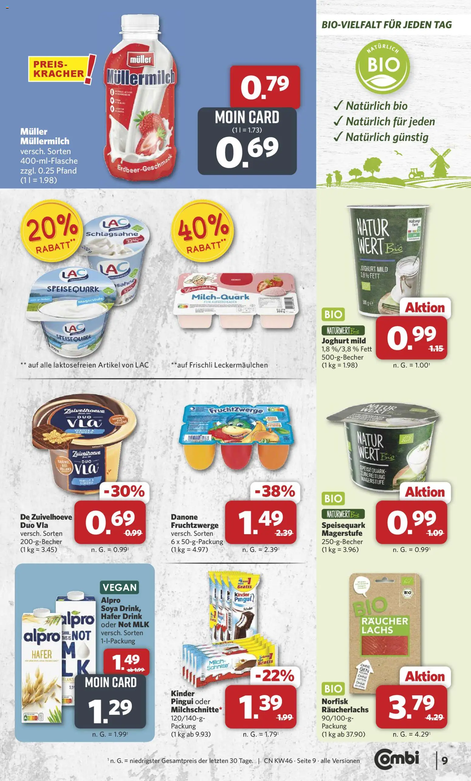 Combi Prospekt 	 – gültig ab 10.11.2025 | Seite: 9 | Produkte: Lachs, Alpro, Müllermilch, Sahne