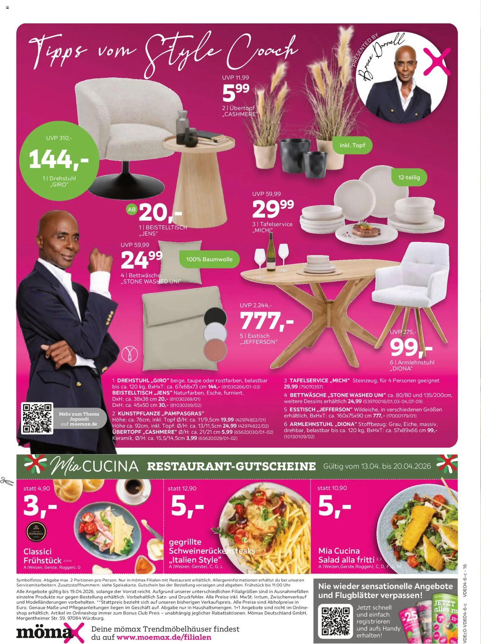 Mömax Prospekt 	 – gültig ab 13.04.2026 | Seite: 16 | Produkte: Beistelltisch, Esstisch, Bettwäsche