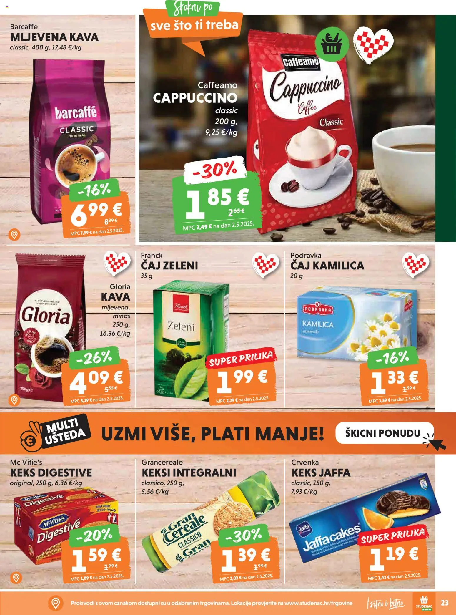 Studenac katalog | vrijedi od 08.04.2026 | Stranica: 23 | Proizvodi: Mljevena kava, Kava, Podravka, Barcaffe