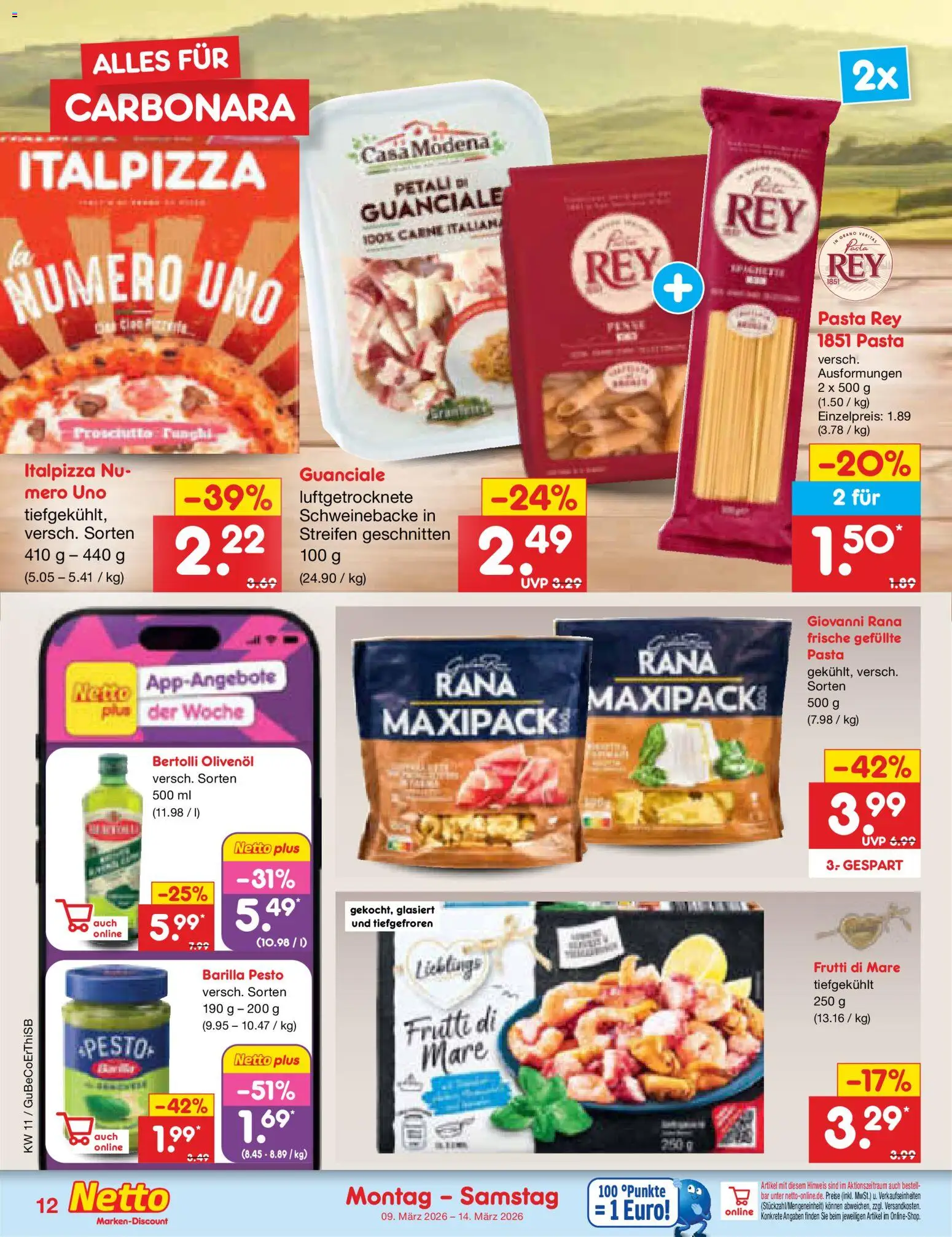 Netto Marken-Discount Prospekt 	 – gültig ab 09.03.2026 | Seite: 12 | Produkte: Barilla pesto, Olivenol, Bertolli olivenol, Pasta