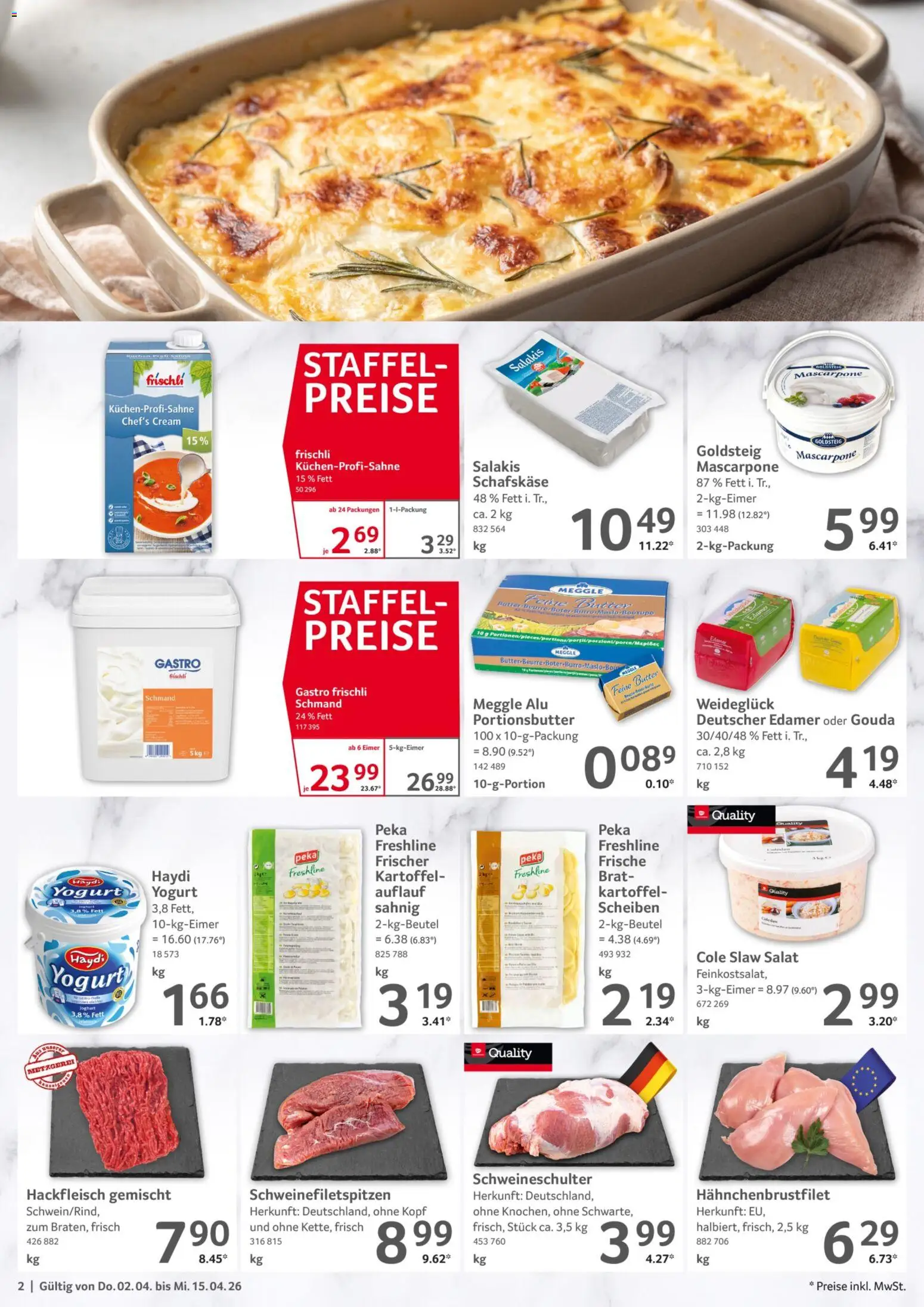 Selgros Gastronomie – gültig ab 02.04.2026 | Seite: 2 | Produkte: Butter, Gouda, Edamer, Salakis