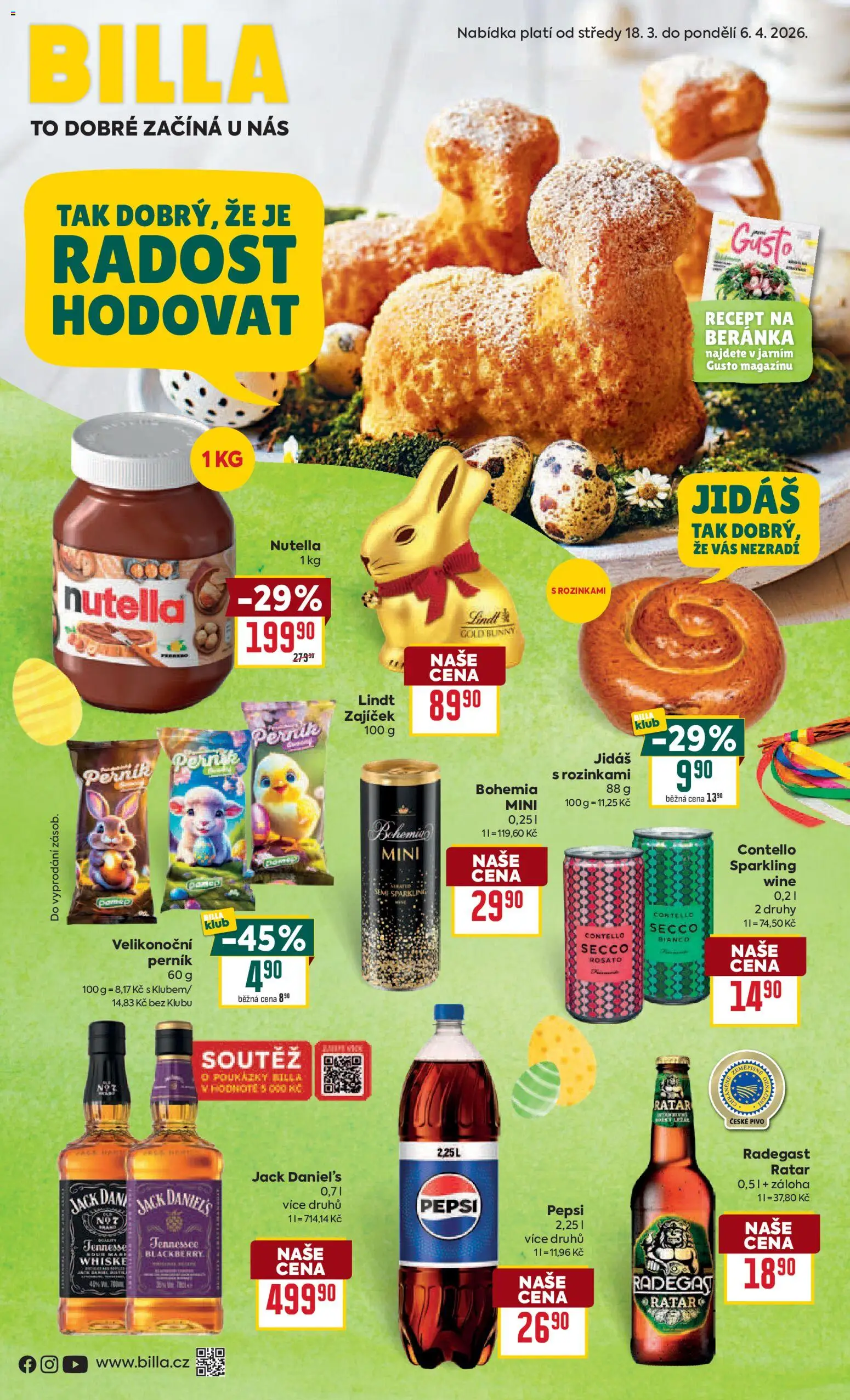 Billa leták - Velikonoce  od 18.03.2026 | Strana: 1 | Produkty: Lindt, Pepsi, Perník, Nutella
