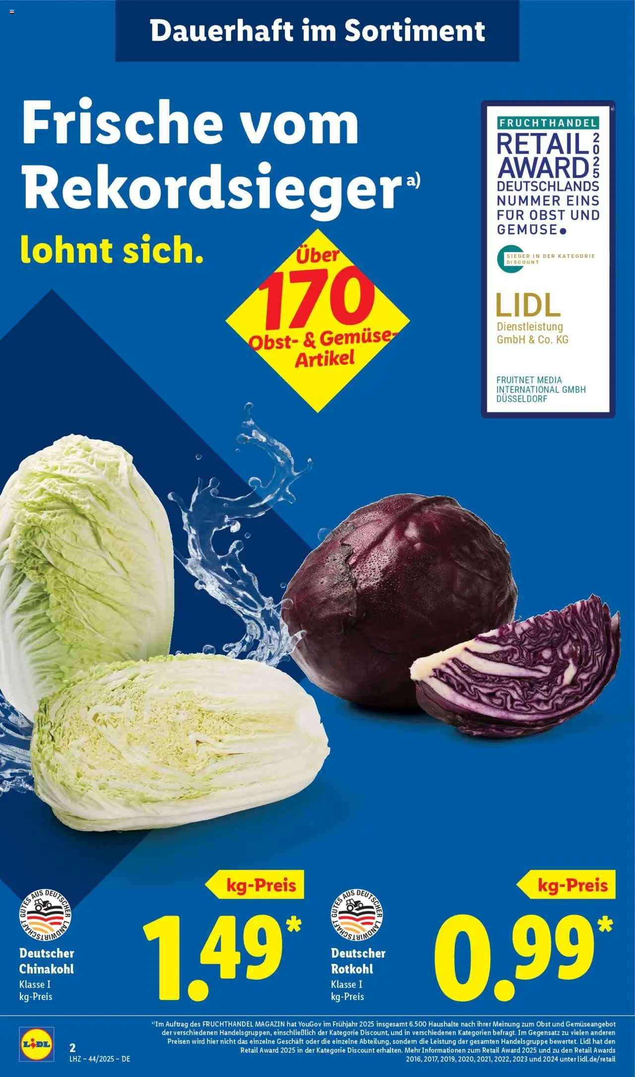 Lidl Prospekt Prenzlau – gültig ab 27.10.2025 | Seite: 2 | Produkte: Rotkohl, Gemüse, Obst, Chinakohl
